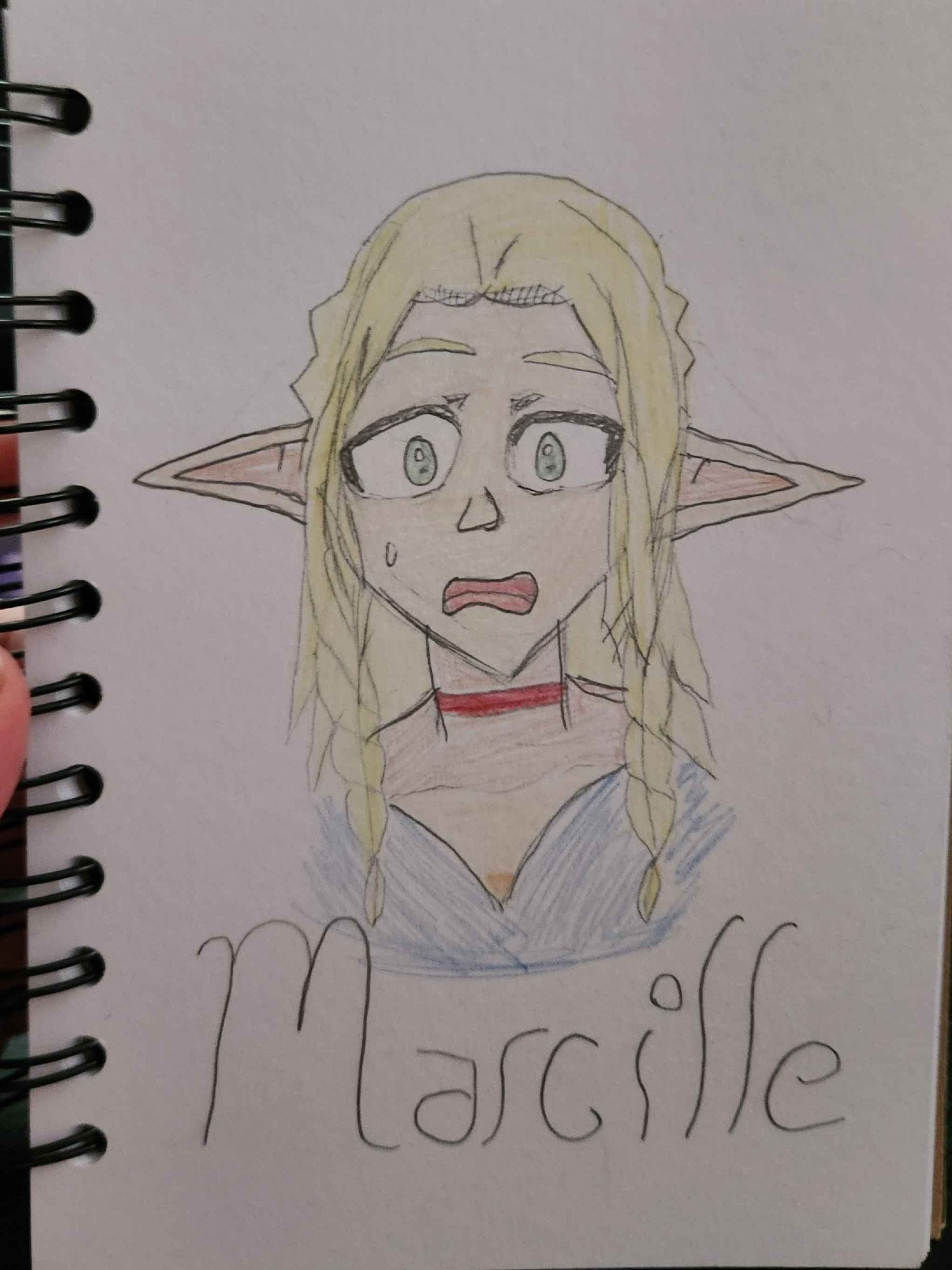 A handrawn iteration of a fair skinned elf with a panicked look on her face in a sketchbook. Character is Marcille from Delicious in Dungeon. 