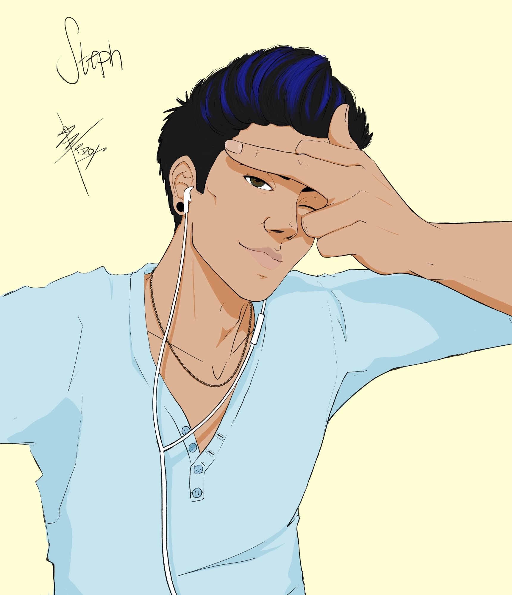 Digital art of Stephan, an Italian-Australian guy with blue streaked black hair and gauges in a blue shirt, giving the finger, while listening to music.
He wears a light chain and has hazel eyes.