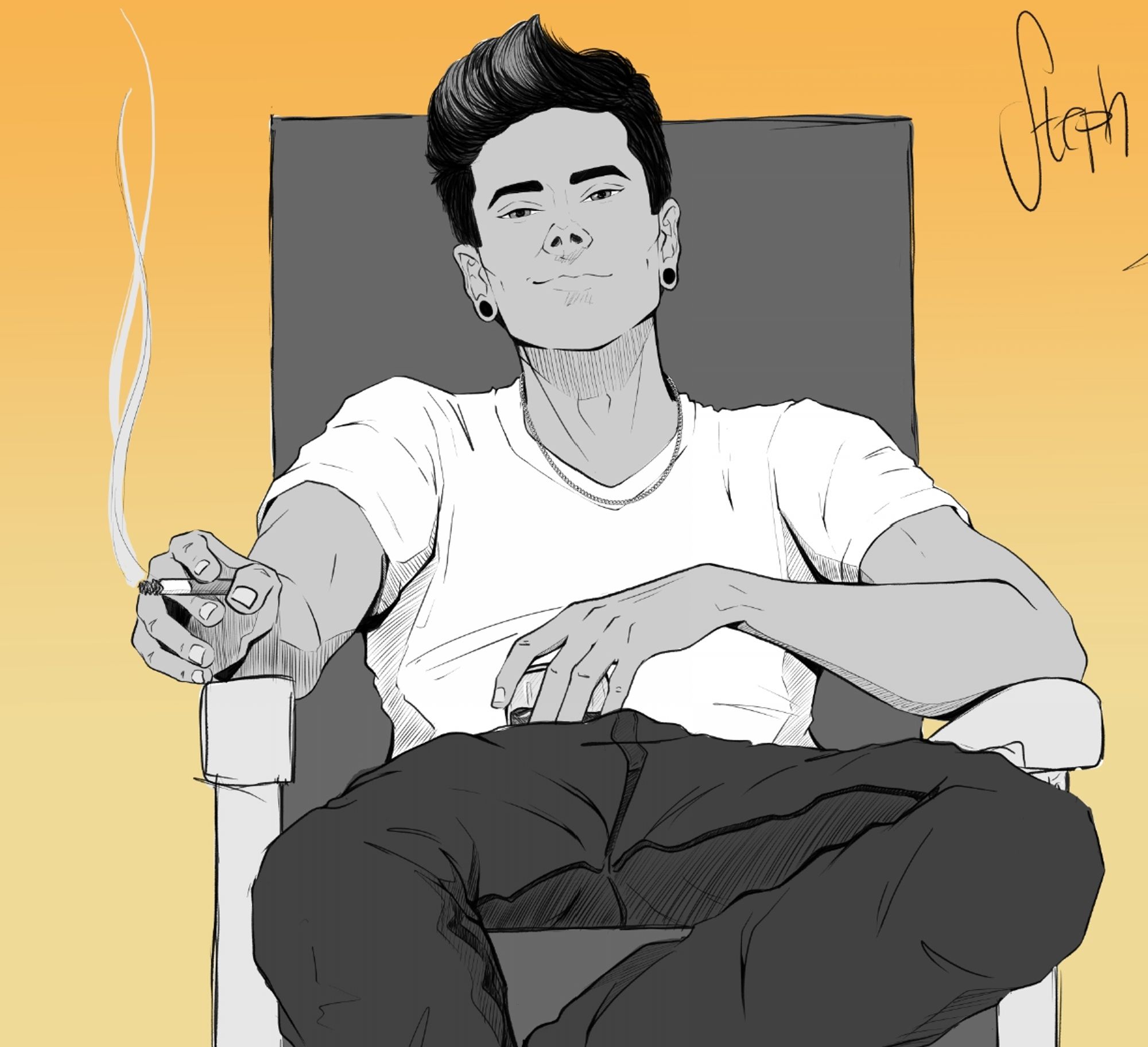 Sketchy art of Stephan, an Italian-Australian guy with coiffed hair and gauges, coloured in greyscale.

He's sitting in a garden chair, very laid back, left leg crossed behind his right, dressed in a tshirt and jeans, with a light chain around his neck.
He's holding a cigarette and a glass of bourbon, smirking.