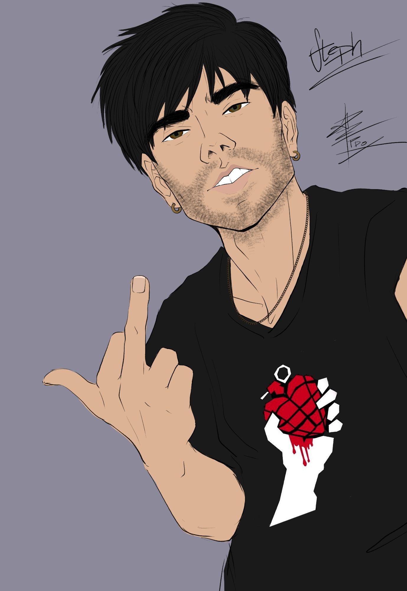 Digital art of Stephan, an Italian-Australian boy.
He's 17 years old and severely depressed. He has scruffy back hair, unkept brows and stubble.
He wears an American Idiot t-shirt and is giving the finger with his right hand.
He has a small gold ring in each ear and wears a light chain.