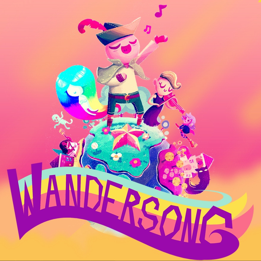 Wandersong

A little bard in a hat with a feather sings on a little island.
They're surrounded by a ghost, a violinist, a witch, and a little alien.