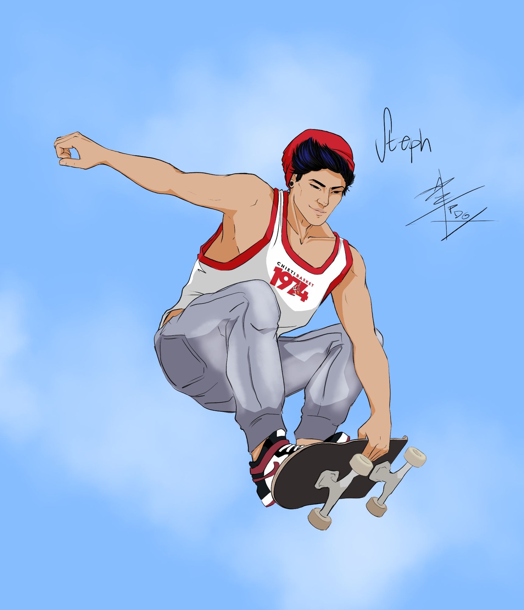 Digital art of Stephan, an Italian-Australian boy, doing a frontside grab on a skateboard.

He's wearing a red beanie, a Chieti Basket 1974 basketball tank, grey jeans, and black, red and white hightop duncs.
He has gauges and blue streaks in his coiffed black hair.