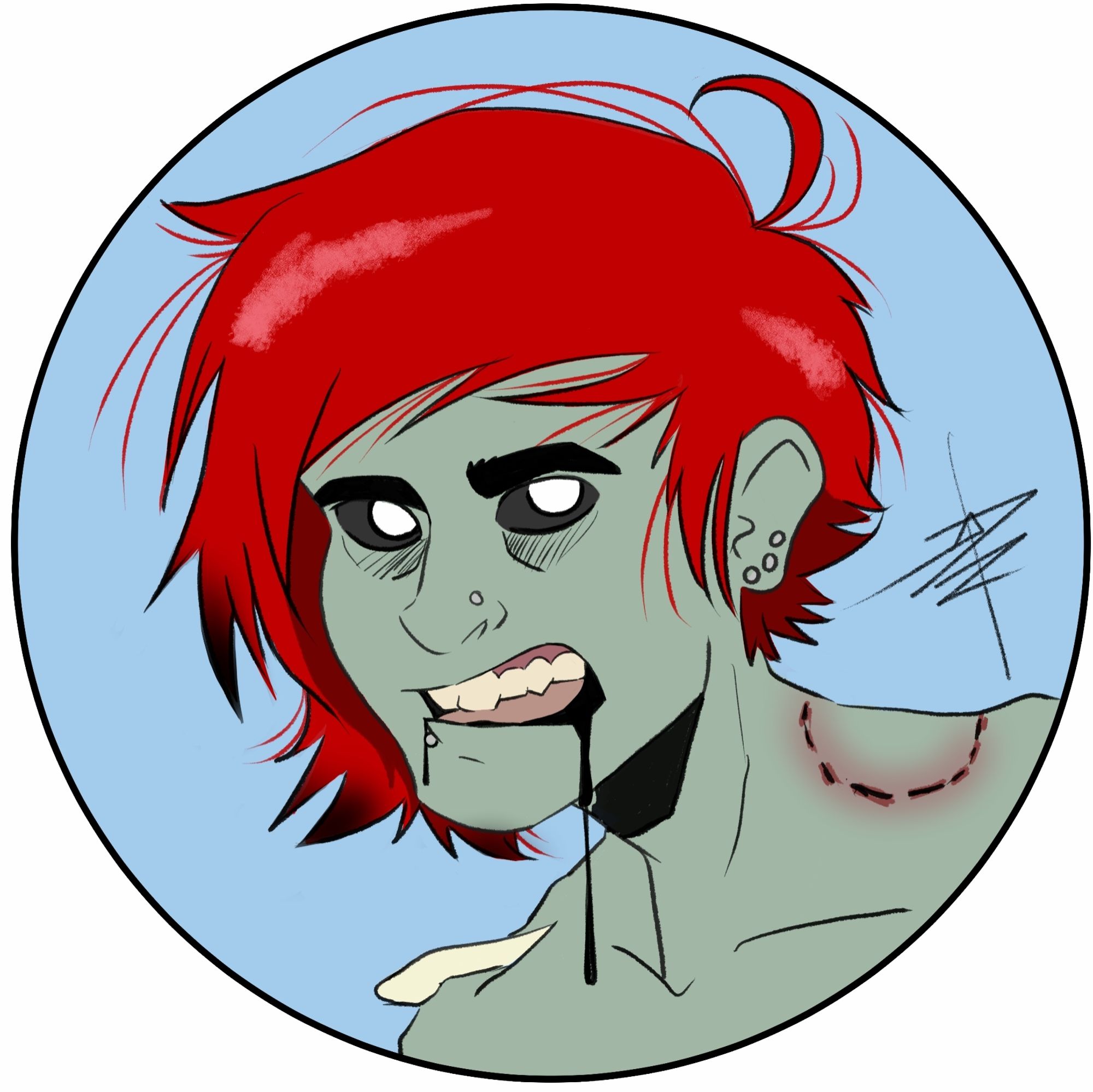 Me, Jeb, as a zombie.

My collar bone sticks out of my shoulder, there's a bite mark on the other one.
I'm drooling black sludge.

I have no pupils, and the whites of my eyes are black.

My skin is a grey green.

My bright red hair has some black sludge in it