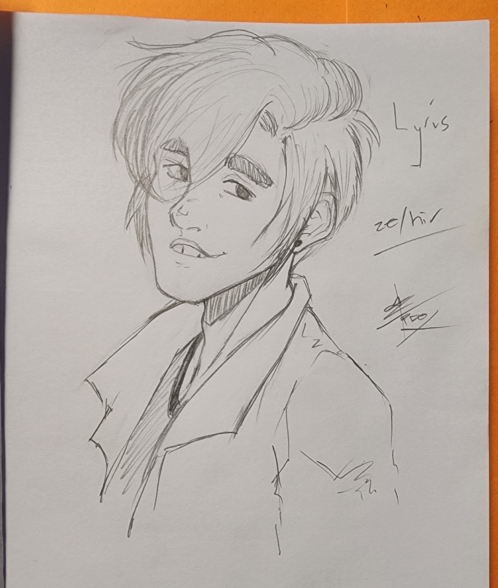 Pencil sketch of a gender fluid person with a gap in their front teeth. 

Ze has short hair with a long fringe. Ze wears a leather jacket with a popped collar, a a tshirt.

Ze is smiling.