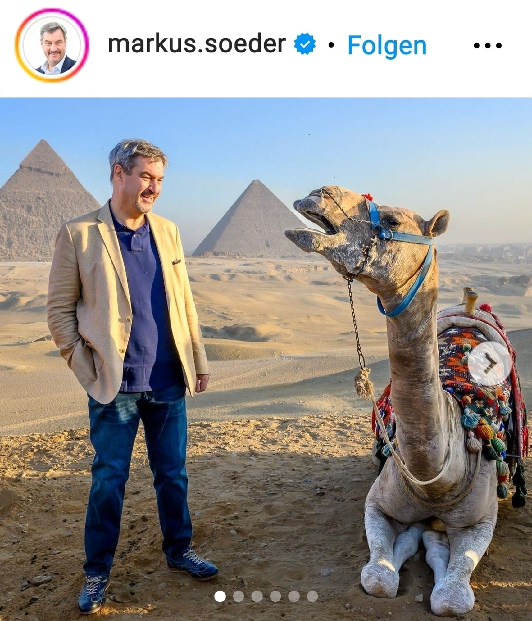 Bayerns Ministerpräsident Söder fragt Kamel in Kairo, wie seine Chancen stehen, Bundeskanzler zu werden.