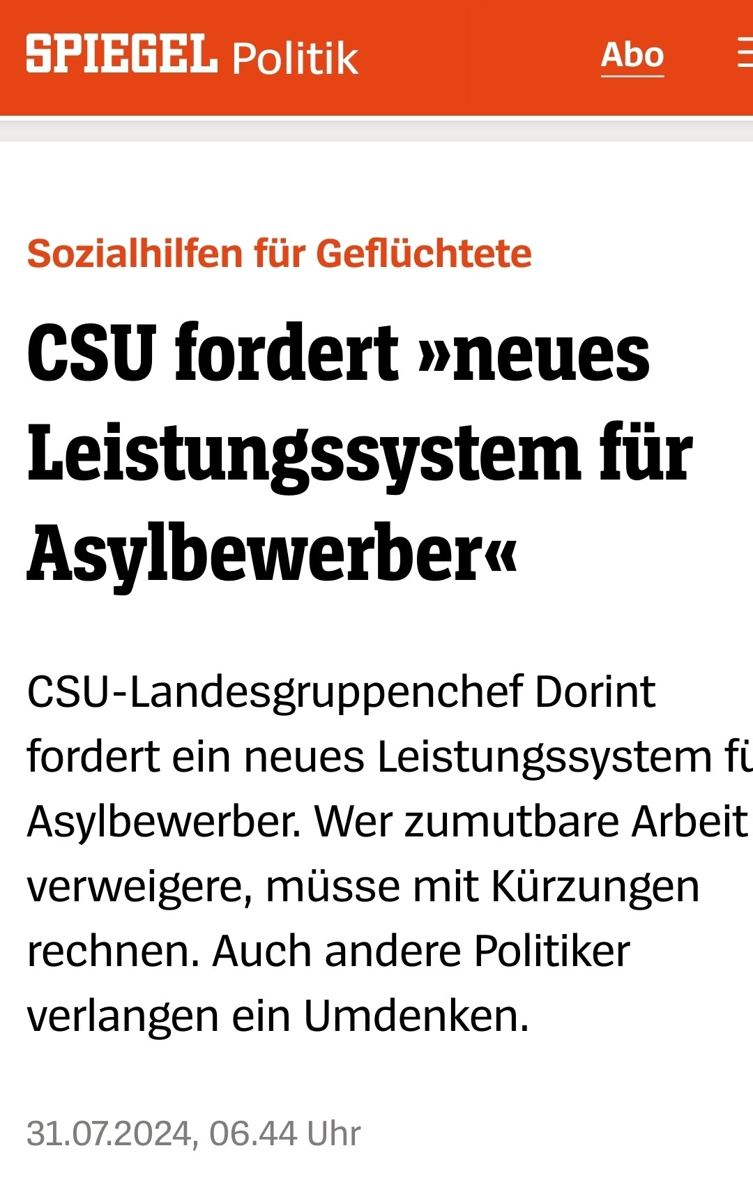 Spiegel-Schlagzeile, die auf Bullshit-Bingo des Politikers "Dorint" bei Asylleistungen anspringt. Der Politiker heißt Dobrindt, er hat Deutschland in seiner Rolle als Verkehrsminister das Mautdesaster eingebrockt.