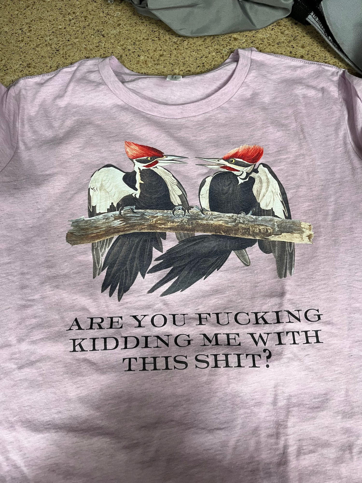 A t-shirt with a picture of two birds that says “are you fucking kidding me with this shit?”