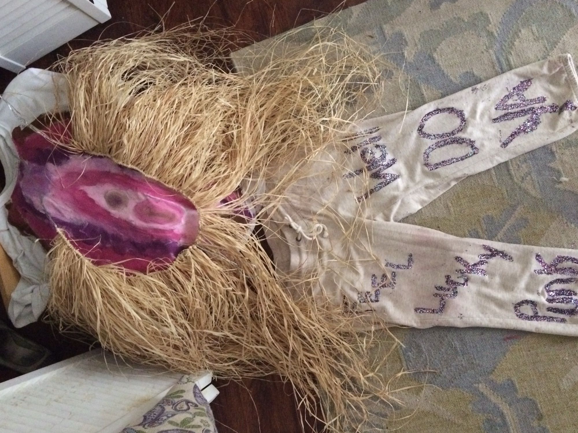 2016 Halloween outfit modeled on a floor. The top is a white t-shirt with an anatomical display of the colors and parts of a vulva, surrounded by pubic hair made from a grass skirt. A pair of trousers features words in glitter: “feel lucky punk? Well, do ya?!”