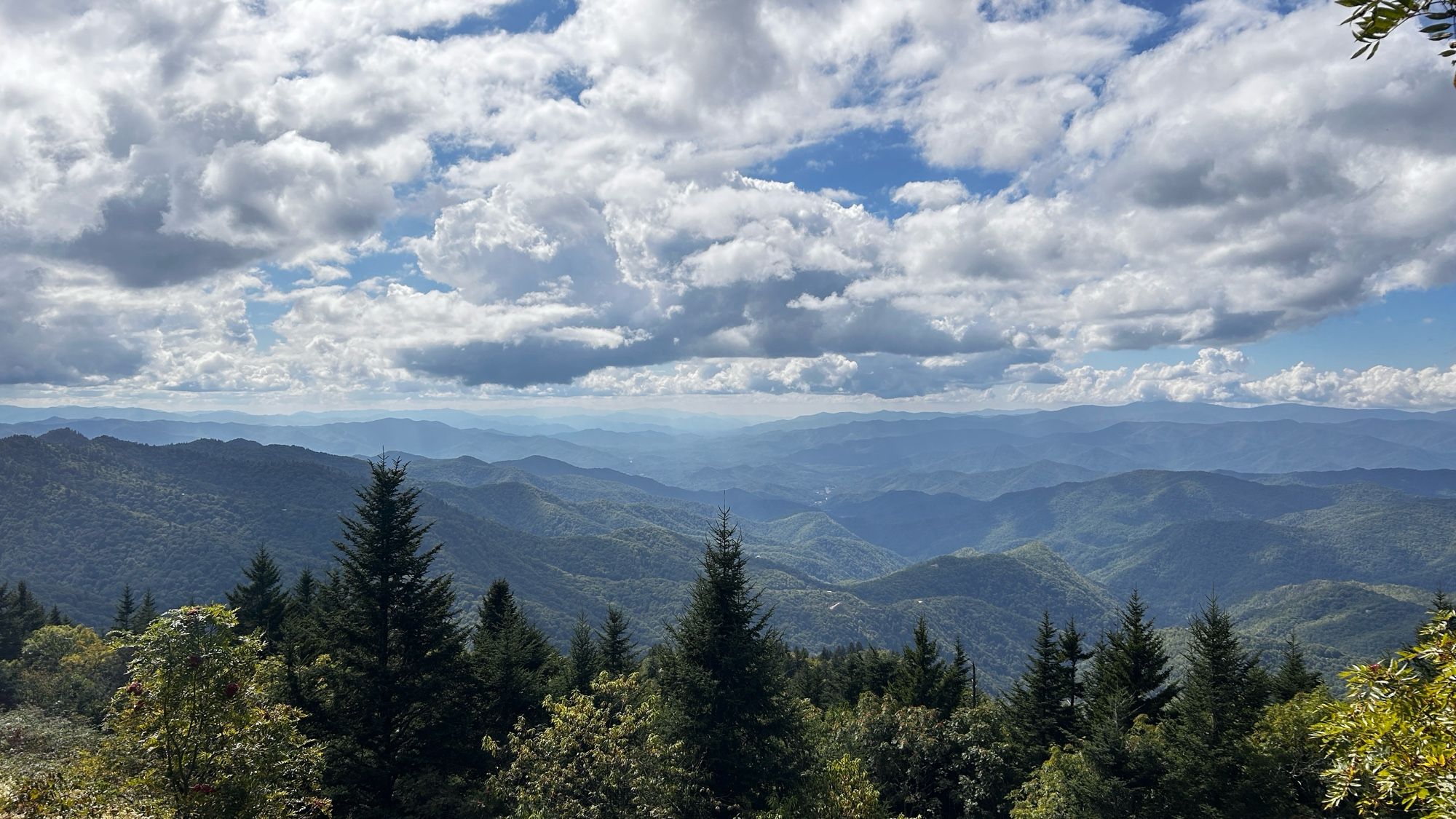 Natahala National Forest in Southwest North Carolina. A broad vista shows various species of trees displaying multiple shades of green in the foreground. In the mid and far-ground are green mountain ranges dappled by sun and shadow under a quilt of fluffy white clouds in a bright blue sky.