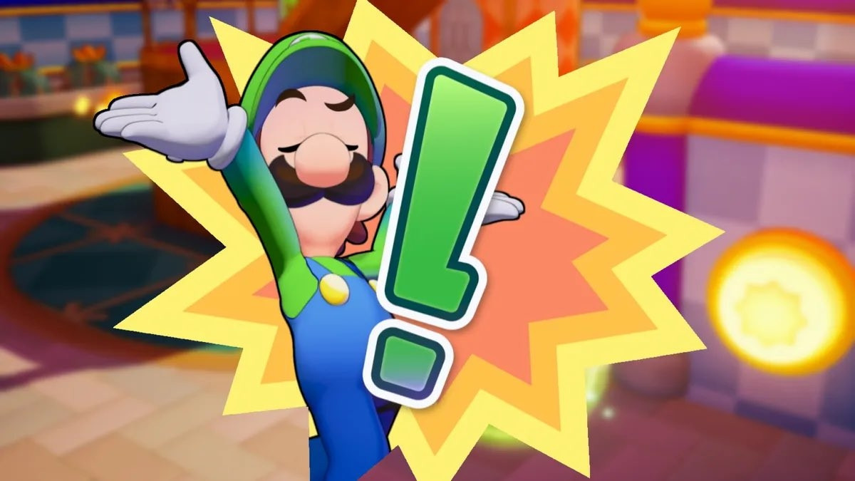 Luigi posing confidently and victoriously, showing off an L/exclamation point hybrid. Screenshot from Mario and Luigi: Brothership