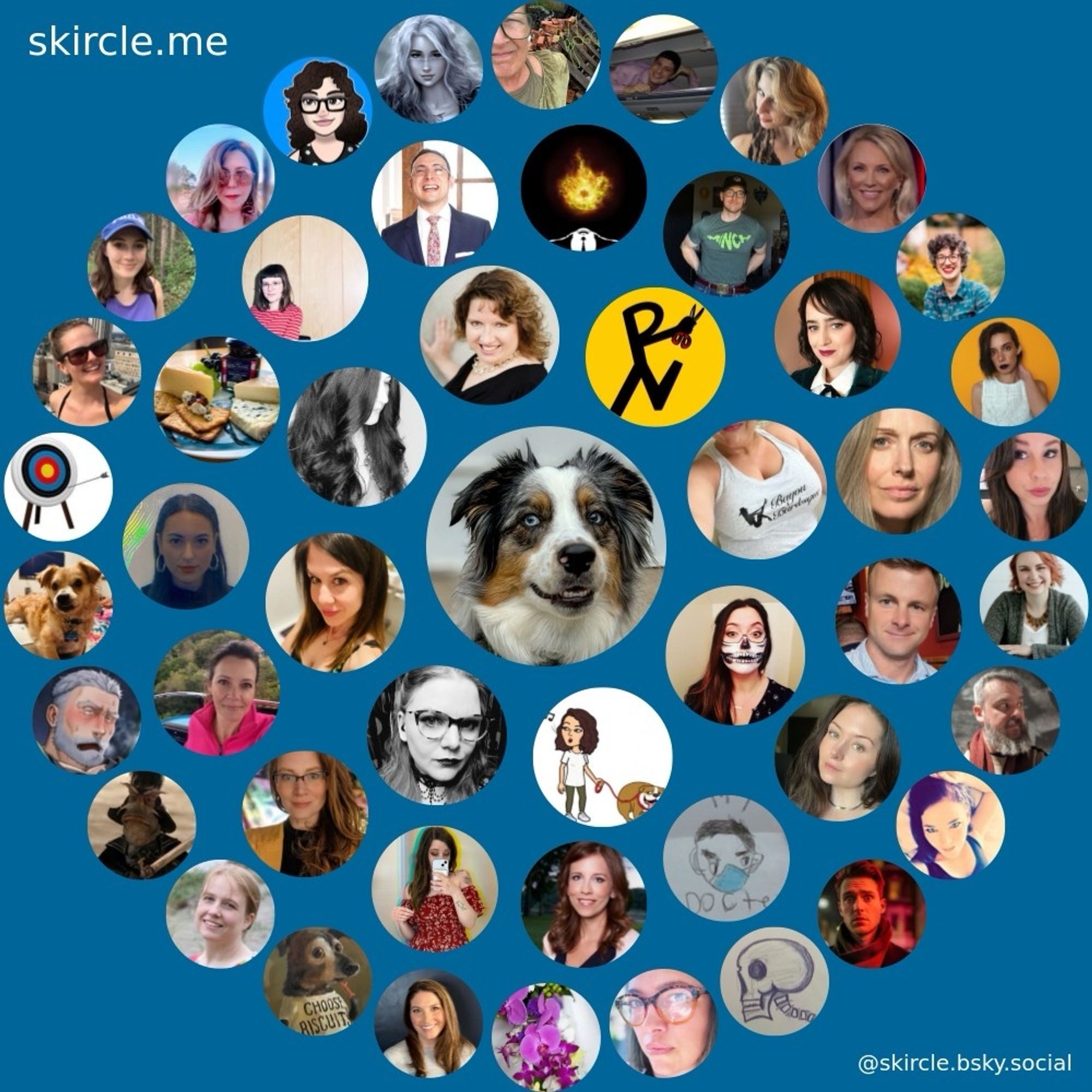 Layered circles with users’ Bluesky profile pictures on a blue background.