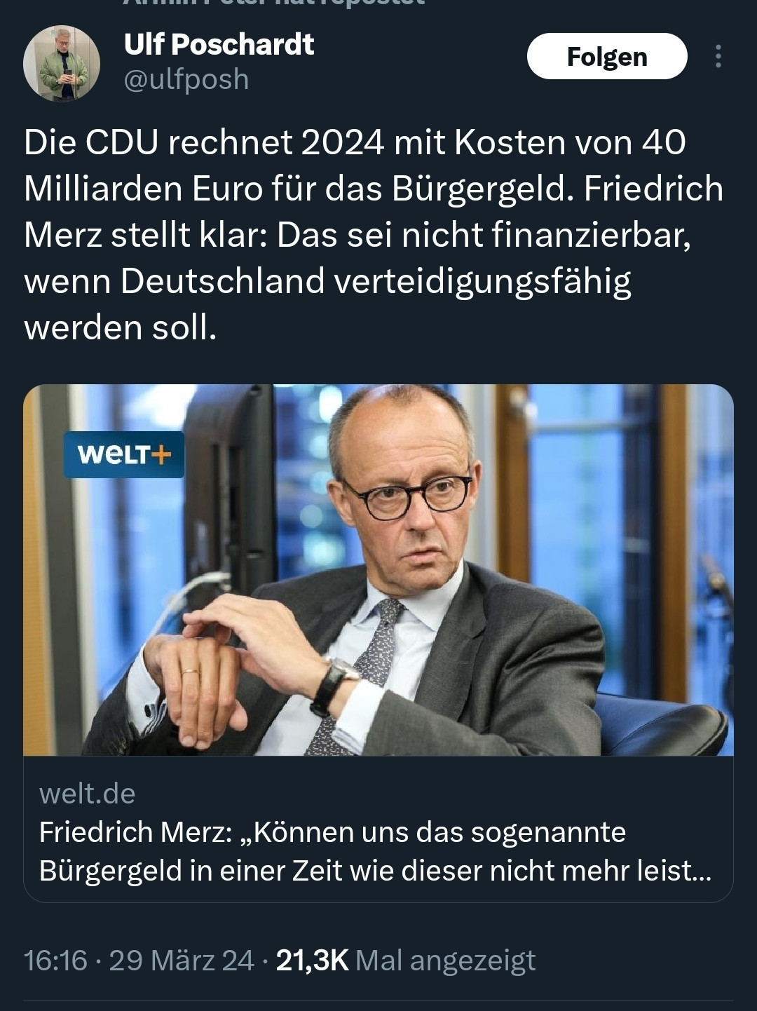 Von Ulf Poschardt weitergeleiteter Post der Welt:
Die CDU rechnet 2024 mit Kosten von 40 Milliarden Euro für das Bürgergeld. Friedrich Merz stellt klar: Das sei nicht finanzierbar, wenn Deutschland verteidigungsfähig werden soll.