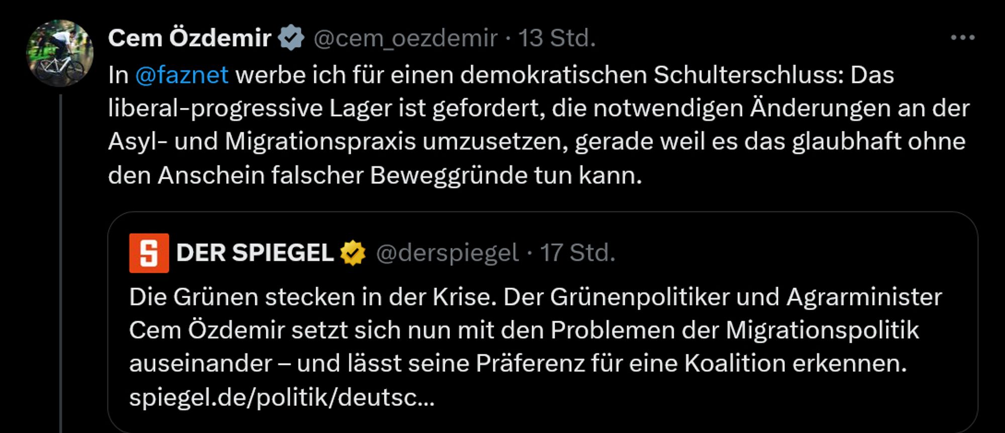 Tweet von Cem Özdemir mit Verlinkung auf FAZ-Text:
In @faznet werbe ich für einen demokratischen Schulterschluss: Das liberal-progressive Lager ist gefordert, die notwendigen Änderungen an der Asyl- und Migrationspraxis umzusetzen, gerade weil es das glaubhaft ohne den Anschein falscher Beweggründe tun kann.