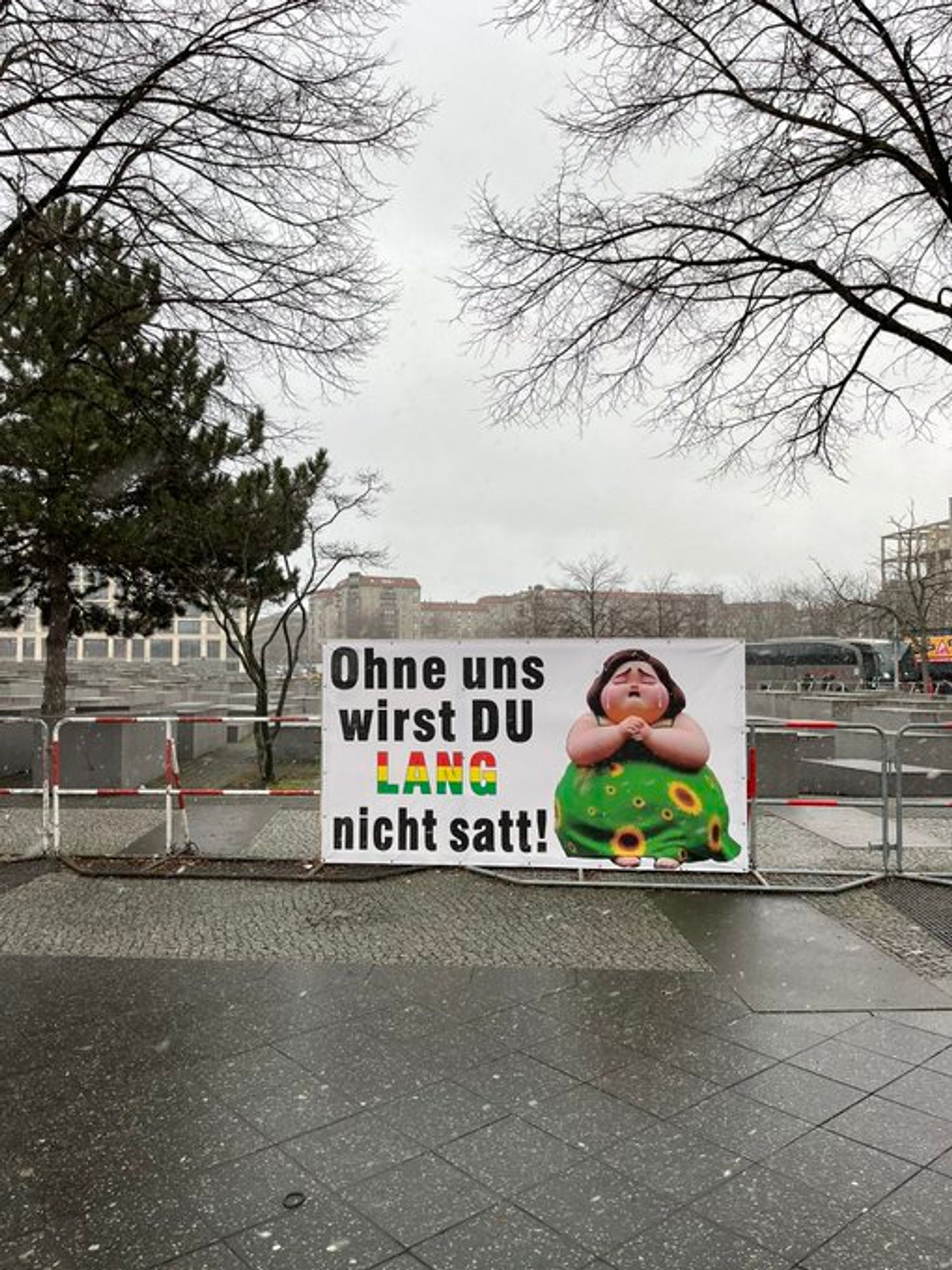 Plakat mit einer Karikatur einer weinenden, sehr dicken, offenbar nach Nahrung flehenden Ricarda Lang in einem grünen Kleid mit Sonnenblumenaufdrucken. Dazu der Spruch. "Ohne uns wirst DU LANG nicht satt!"