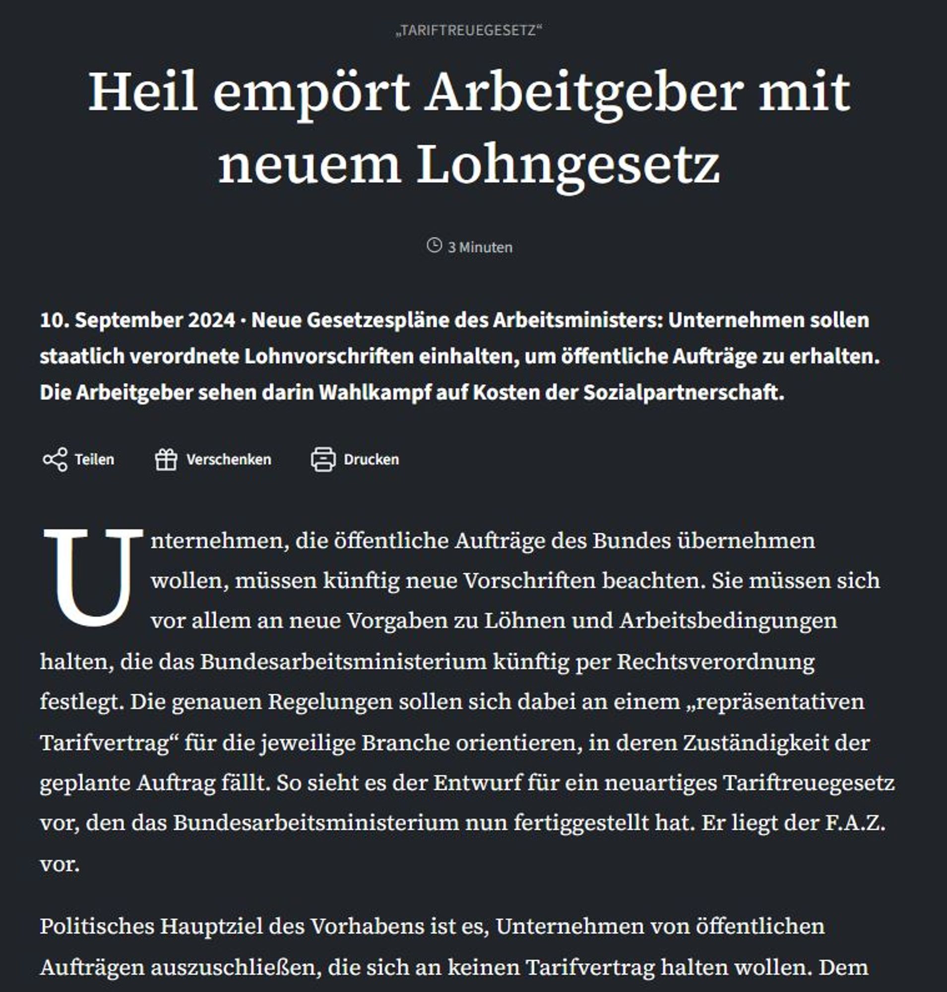 Heil empört Arbeitgeber mit neuem Lohngesetz
Neue Gesetzespläne des Arbeitsministers: Unternehmen sollen staatlich verordnete Lohnvorschriften einhalten, um öffentliche Aufträge zu erhalten. Die Arbeitgeber sehen darin Wahlkampf auf Kosten der Sozialpartnerschaft.

Unternehmen, die öffentliche Aufträge des Bundes übernehmen wollen, müssen künftig neue Vorschriften beachten. Sie müssen sich vor allem an neue Vorgaben zu Löhnen und Arbeitsbedingungen halten, die das Bun­­des­ar­beits­mi­ni­ste­ri­um künftig per Rechts­ver­ord­nung festlegt. Die genauen Regelungen sollen sich dabei an einem „repräsentativen Tarifvertrag“ für die jeweilige Branche orientieren, in deren Zuständigkeit der geplante Auftrag fällt. So sieht es der Entwurf für ein neuartiges Tariftreuegesetz vor, den das Bundesarbeitsministerium nun fertiggestellt hat. Er liegt der F.A.Z. vor.

Politisches Hauptziel des Vorhabens ist es, Unternehmen von öffentlichen Aufträgen auszuschließen, die sich an keinen Tarifvertrag halte