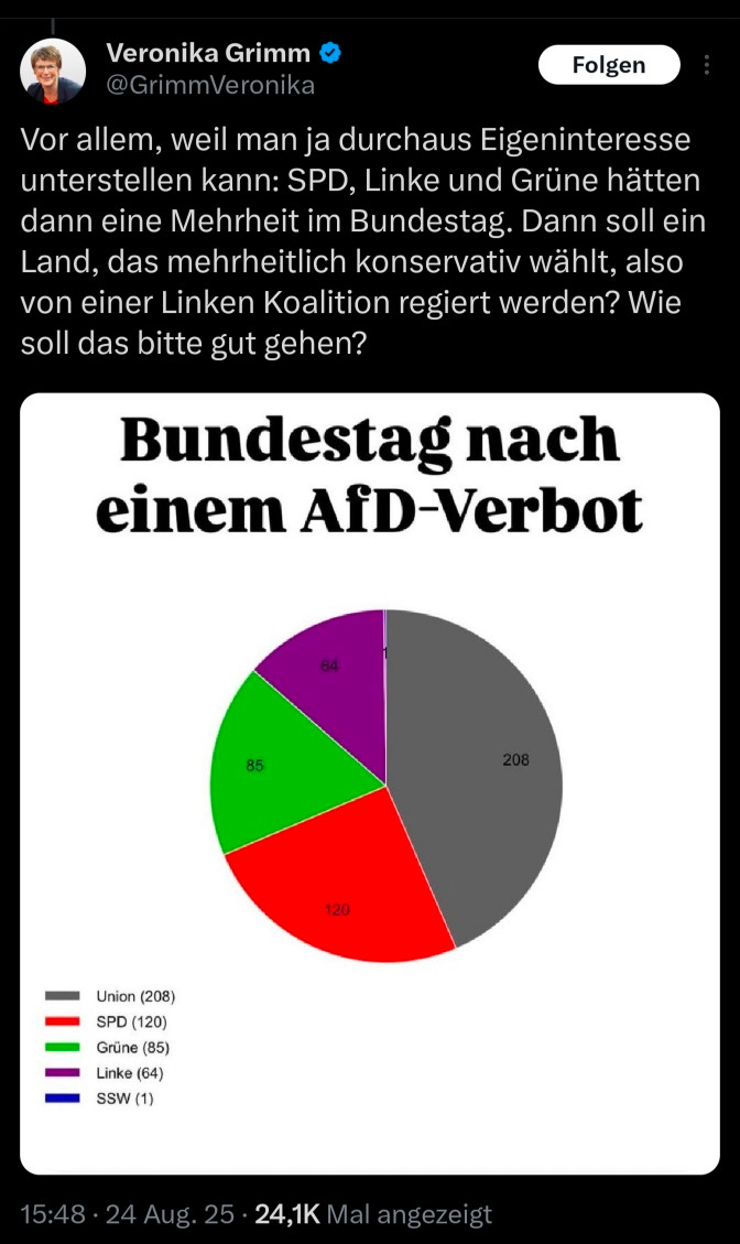 Tweet von Veronika Grimm:
Vor allem, weil man ja durchaus Eigeninteresse unterstellen kann: SPD, Linke und Grüne hätten dann eine Mehrheit im Bundestag. Dann soll ein Land, das mehrheitlich konservativ wählt, also von einer Linken Koalition regiert werden? Wie soll das bitte gut gehen?
