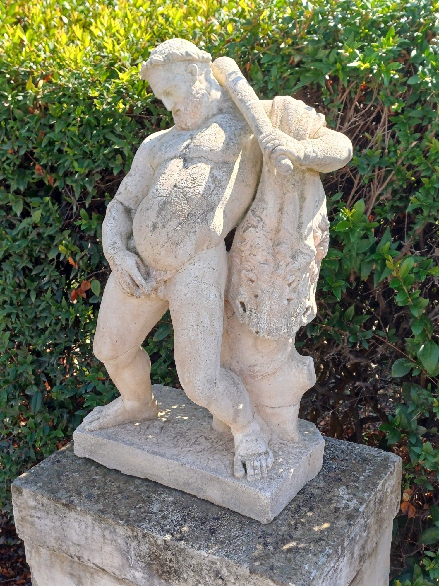 Escultura en mármol blanco "Ercole ubriaco" (circa. s. V ac - s. I dc). Encontrada en la Casa de los Ciervos, una magnífica villa en Herculano, ciudad sepultadas por el Vesubio 
En la foto, copia de la pequeña escultura en el jardín de la villa, el mismo punto donde estaba originalmente. En el museo del yacimiento de Ercolano se expone la pieza original (o quizá es al reves)
La estatua muestra a Hércules meando borracho tras una de sus míticas juergas, representación muy habitual en la época