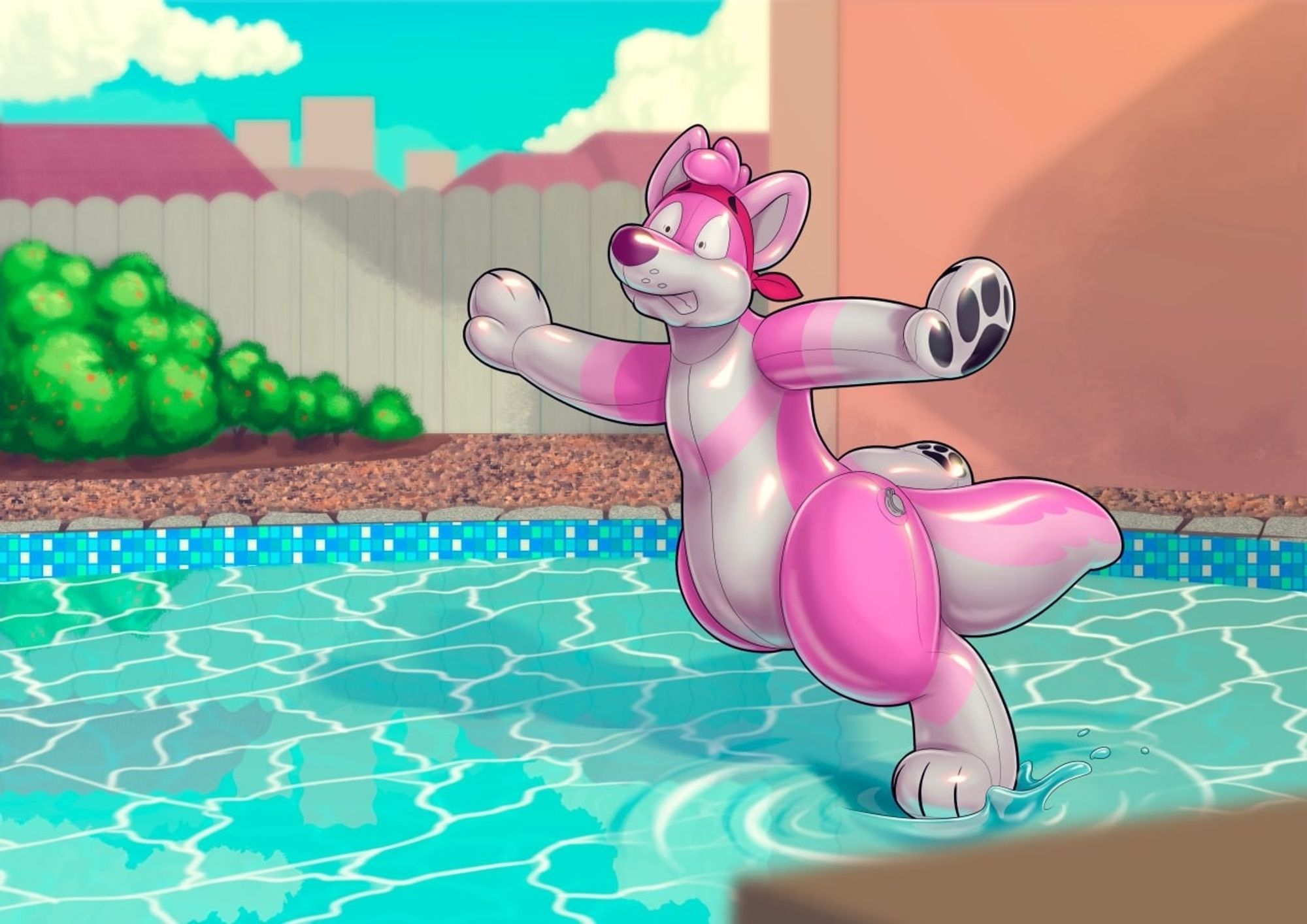 TK as a pink and white pooltoy version of himself, in a backyard pool, attempting to walk across the water and losing balance.