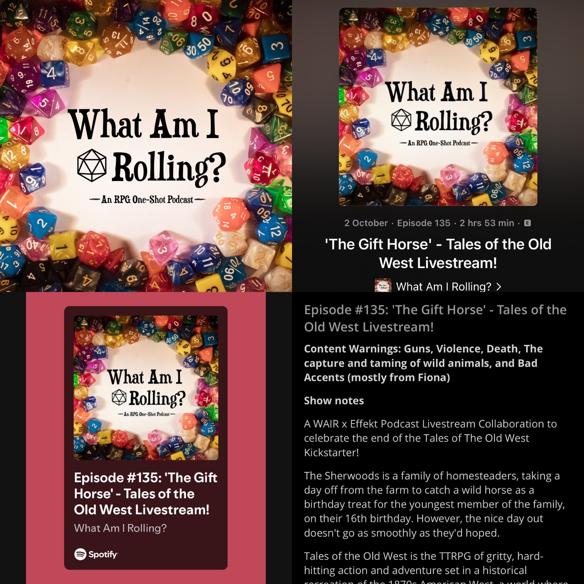 Social graphic composed of screenshots showing the latest episode of What Am I Rolling? being out on podcast platforms.