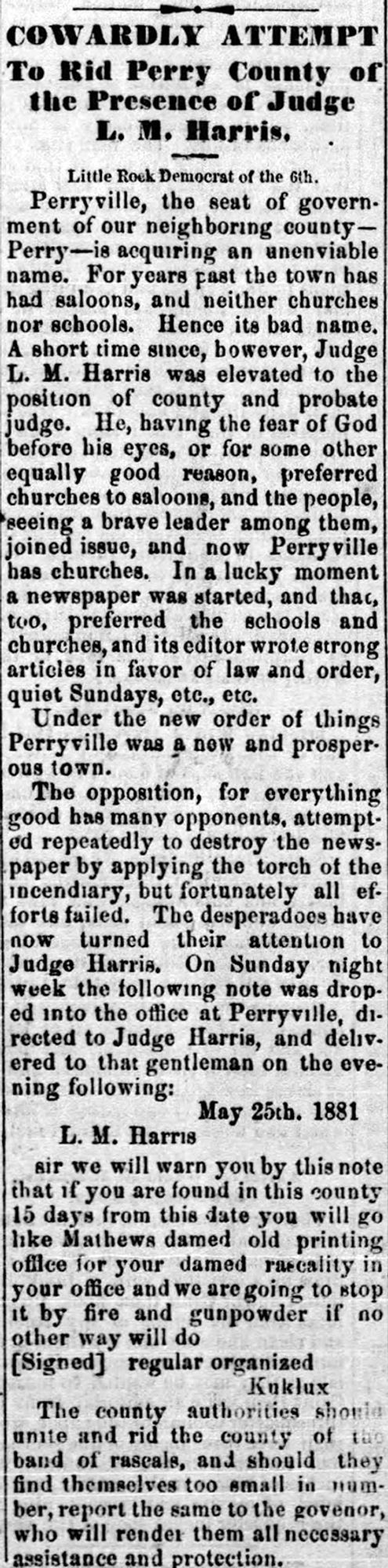 1881 Klan threat printed in the Osceola Times, Arkansas