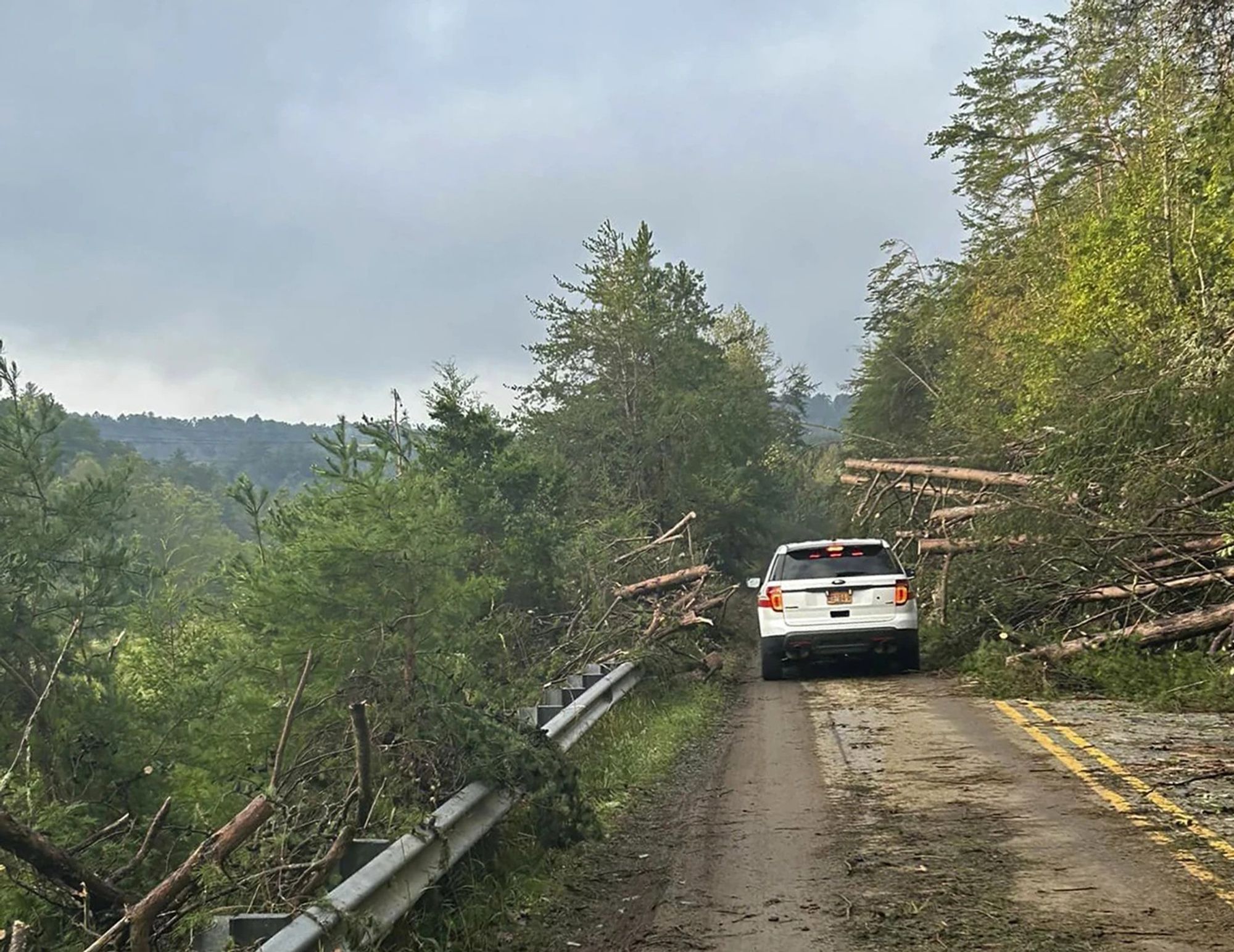 Rescue workers from the Pamlico County rescue team are shown working in the aftermath of Helene the area of Chimney Rock, N.C., Saturday, Sept. 28, 2024. (Pamlico County Special Operations via AP)