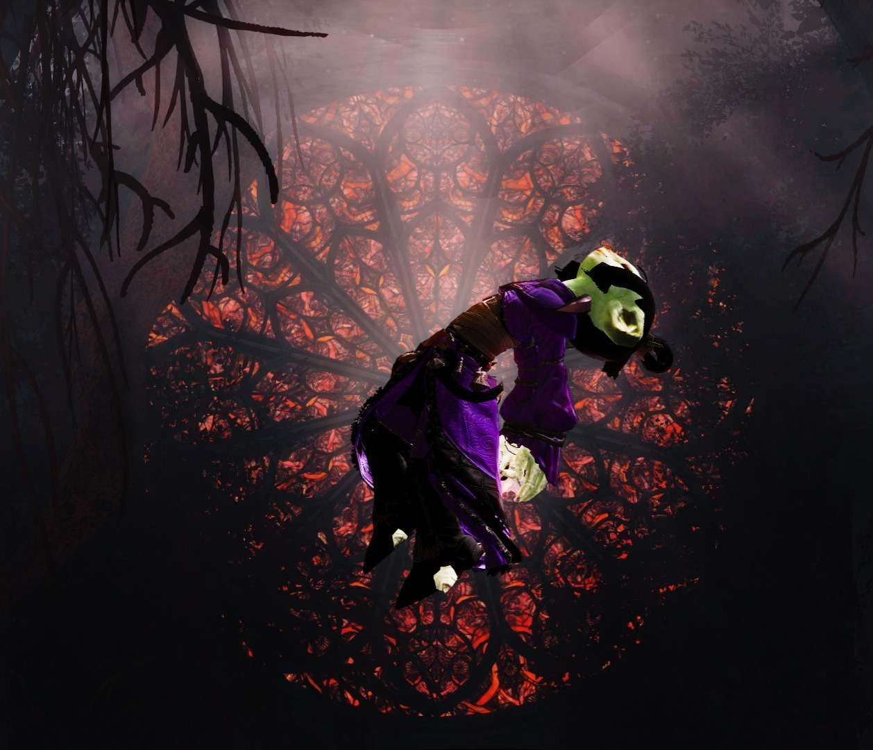 An asura performing the /possessed emote, her skin is green and hair is black in a top-bun. She is wearing purple robes and is floating arched backward in front of a cathedral stained glass window from the Temple of Febe surrounded by corrupted flesh