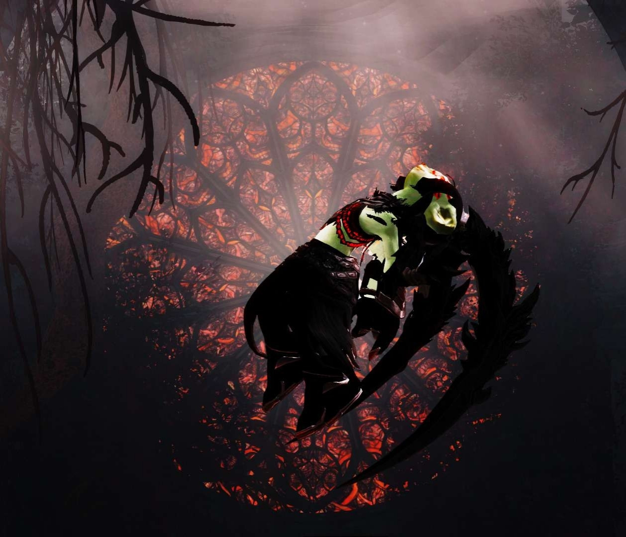 An asura performing the /possessed emote, her skin is green and hair is black in a top-bun. She is wearing black robes, has glowing red eyes and large claws extending from her back, and is floating arched backward in front of a cathedral stained glass window from the Temple of Febe surrounded by corrupted flesh