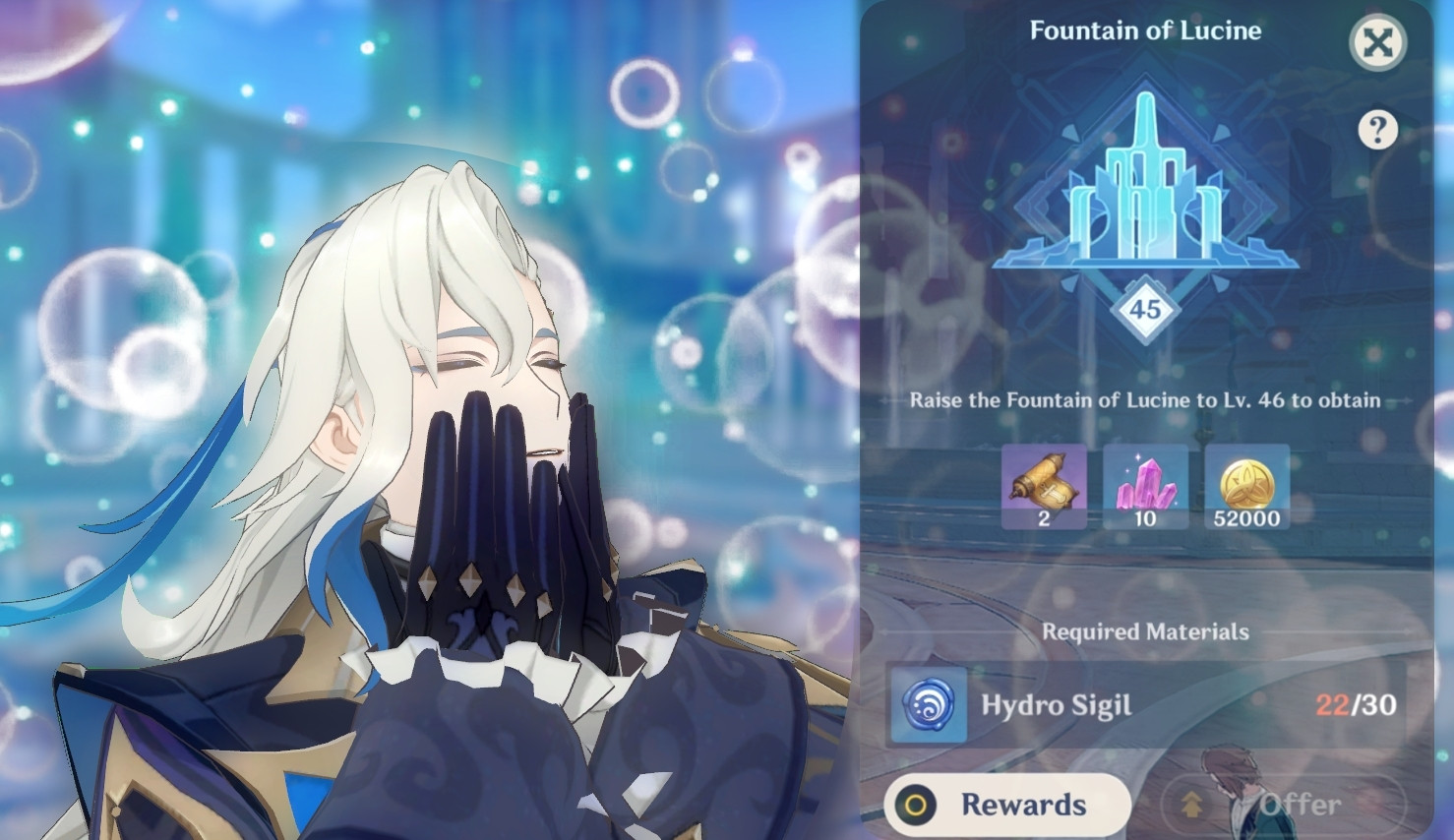 Neuvillette, a man in blue robes with silver hair, is surrounded by sparkling bubbles and a soft glow. His head is tilted back and his eyes are closed in bliss. On the right, the interface for the Fountain of Lucine shows it is at Level 45, and the player has only 22 out of 30 sigils for the next level. (It is implied that the player got rid of a large amount of sigils.)