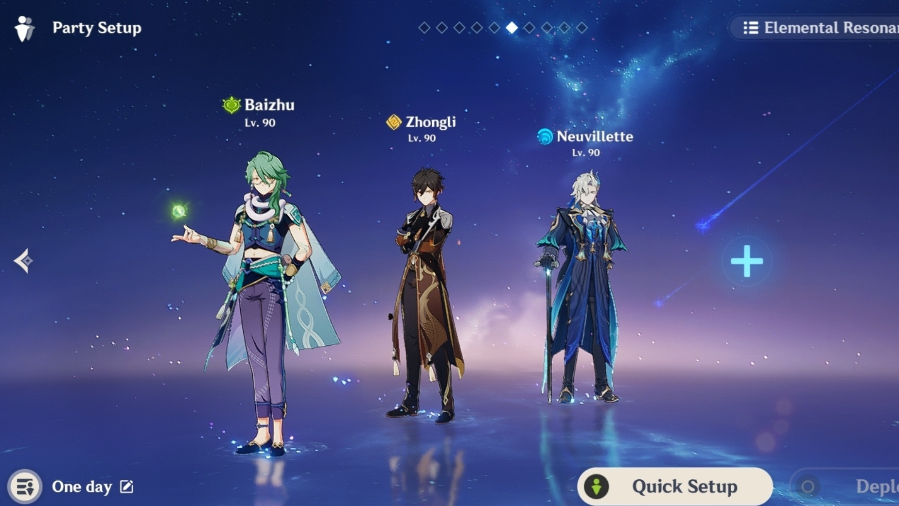 The Party Setup screen from Genshin Impact. Three men are currently selected. From left to right: Baizhu, whose name also displays that he is Dendro, then Zhongli, who is Geo, and Neuvillette, who is Hydro. The fourth slot is left blank. The Hyper bloom reaction needs Dendro, Hydro, and Electro to work.