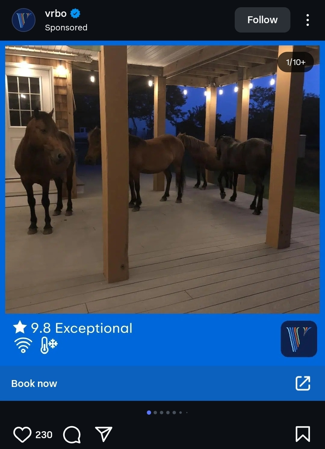 An Instagram advertisement for VRBO. The picture on the ad shows four horses standing under a patio. The property is rated as "9.8 Exceptional" 