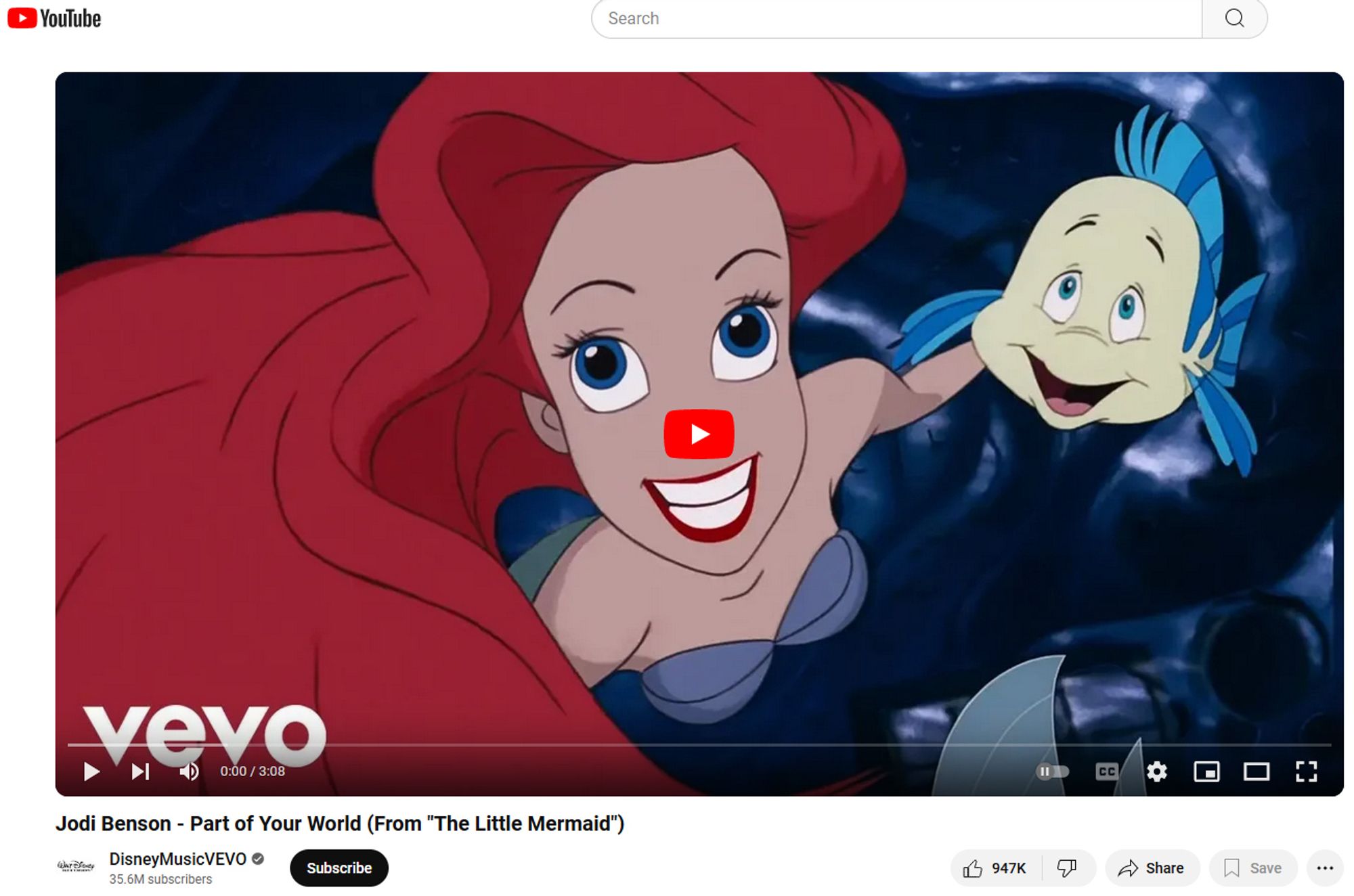 Screenshot of the YouTube thumbnail for "Part of your World" from The Little Mermaid. The red PLAY button is superimposed over the mermaid's nose, making her look like a weird clown.