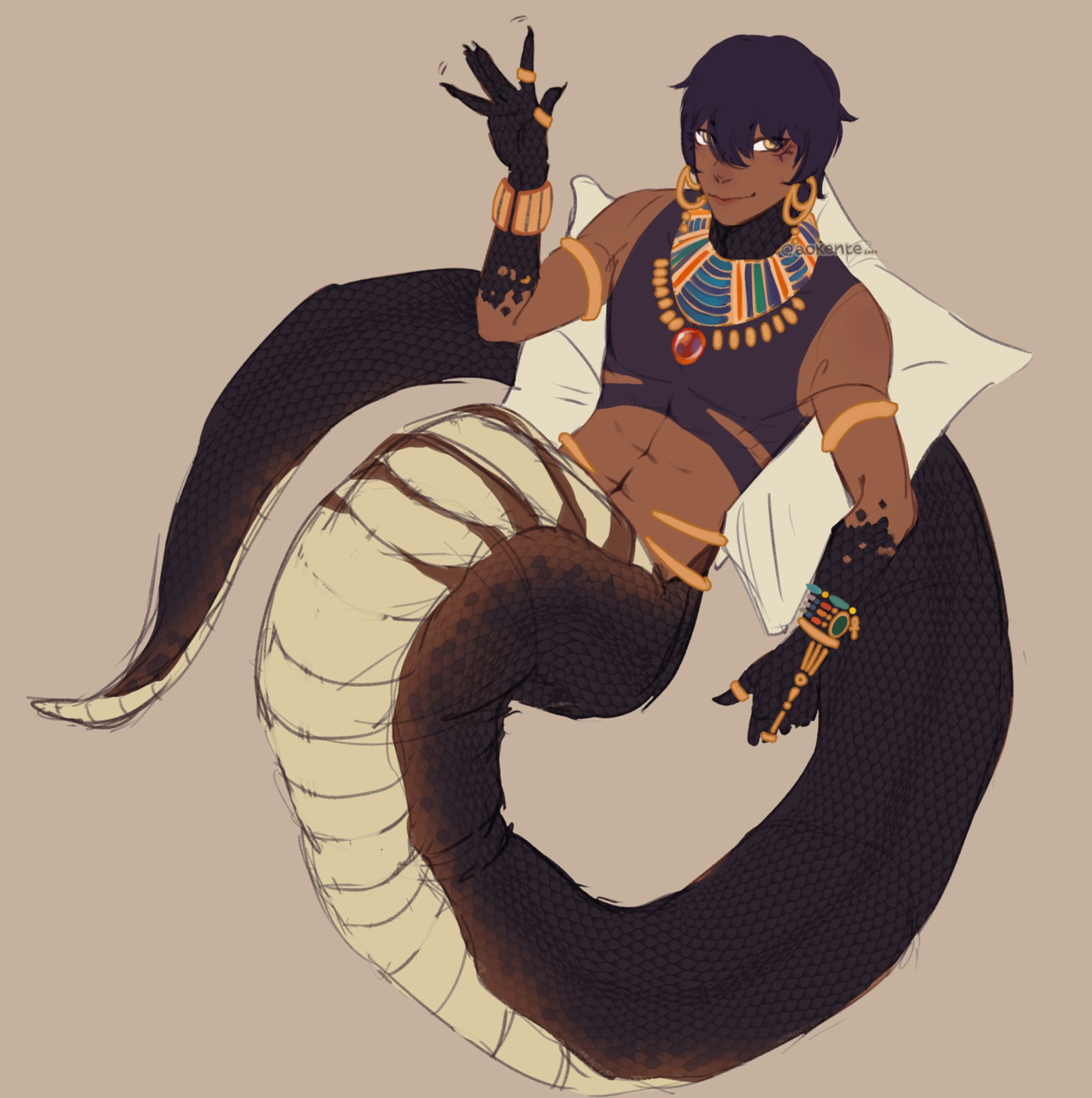 mythological naga lounging on some pillows and doing a dainty wave