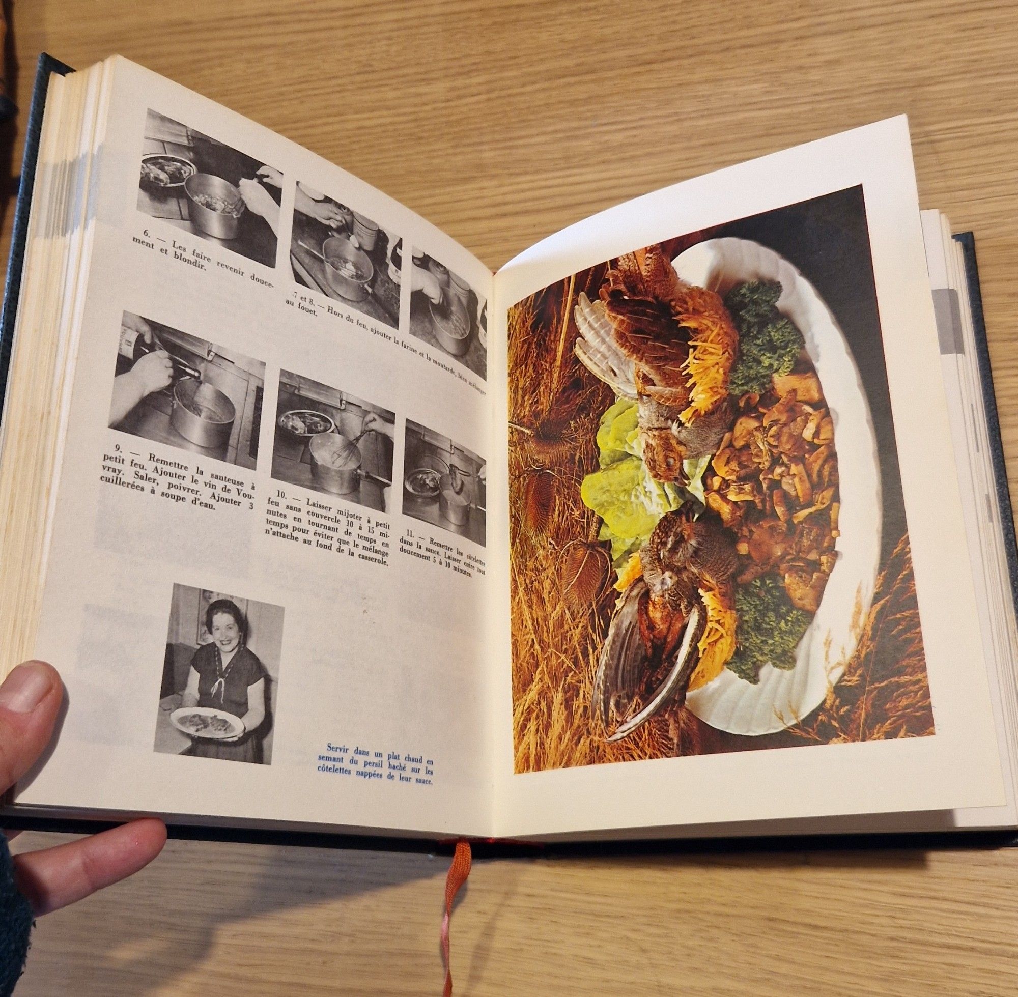 Two pages from inside the book, one with photography of technical demonstrations in black and white and a full color page of a plate of food.