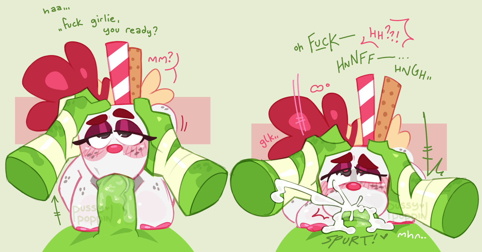 A POV digital artwork of Val (OP's cupsona) giving oral to Smith (a green apple toon oc). There are two images in a sequence. Green, bruised, and bandaged ghost hands (belonging to Smith) hold Val's head at either side. Val blushes, completely naked in front of Smith's lap.

First, Smith lifts Val from his lap, Val looking up and making eye contact while keeping the head of his erection in her mouth, raising a brow slightly.

Smith, from offscreen: Haa.. ..Fuck, girlie, you ready?
Val: Mm?

Then, Smith forces Val back down into his lap, holding her head down while he orgasms, cum spurting from the corners of Val's mouth and dribbling down Smith's lap. Smith curses and groans, while Val makes quiet choking noises, a dazed expression on her face.