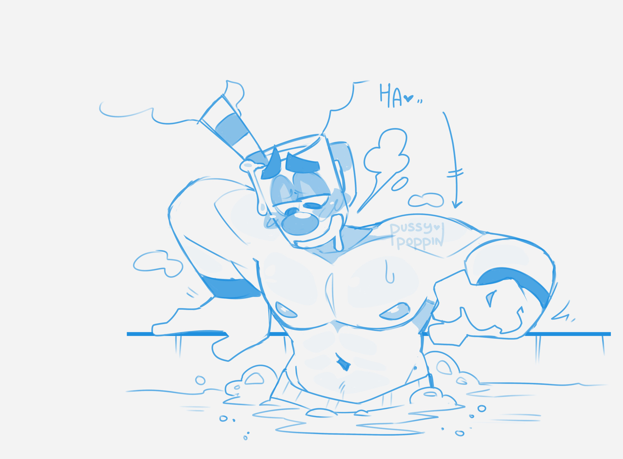 Digital sketch of Mugman in swimshorts, slowly lowering himself down into a bubbling jacuzzi with a sigh. Liquid is dripping down the side of his head, he drools slightly, and steam escapes his open top and from under his head.