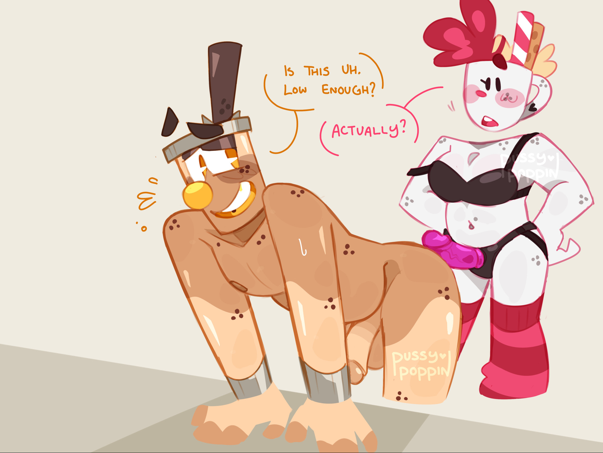 Digital artwork of Val and Boba (OP's Cuphead ocs. Boba is completely naked, bent over, his hands flat on a surface. His cock is flaccid, hanging between his legs. They look over their shoulder with a nervous smile, brows furrowed. Val is a fair distance behind him wearing red striped knee-high socks, a black bra, and a strap-on. The dildo attached to the harness is bright magenta. She has her hands on her hips, looking to Boba contemplatively.

Boba: Is this uh. Low enough?
Val: Actually?