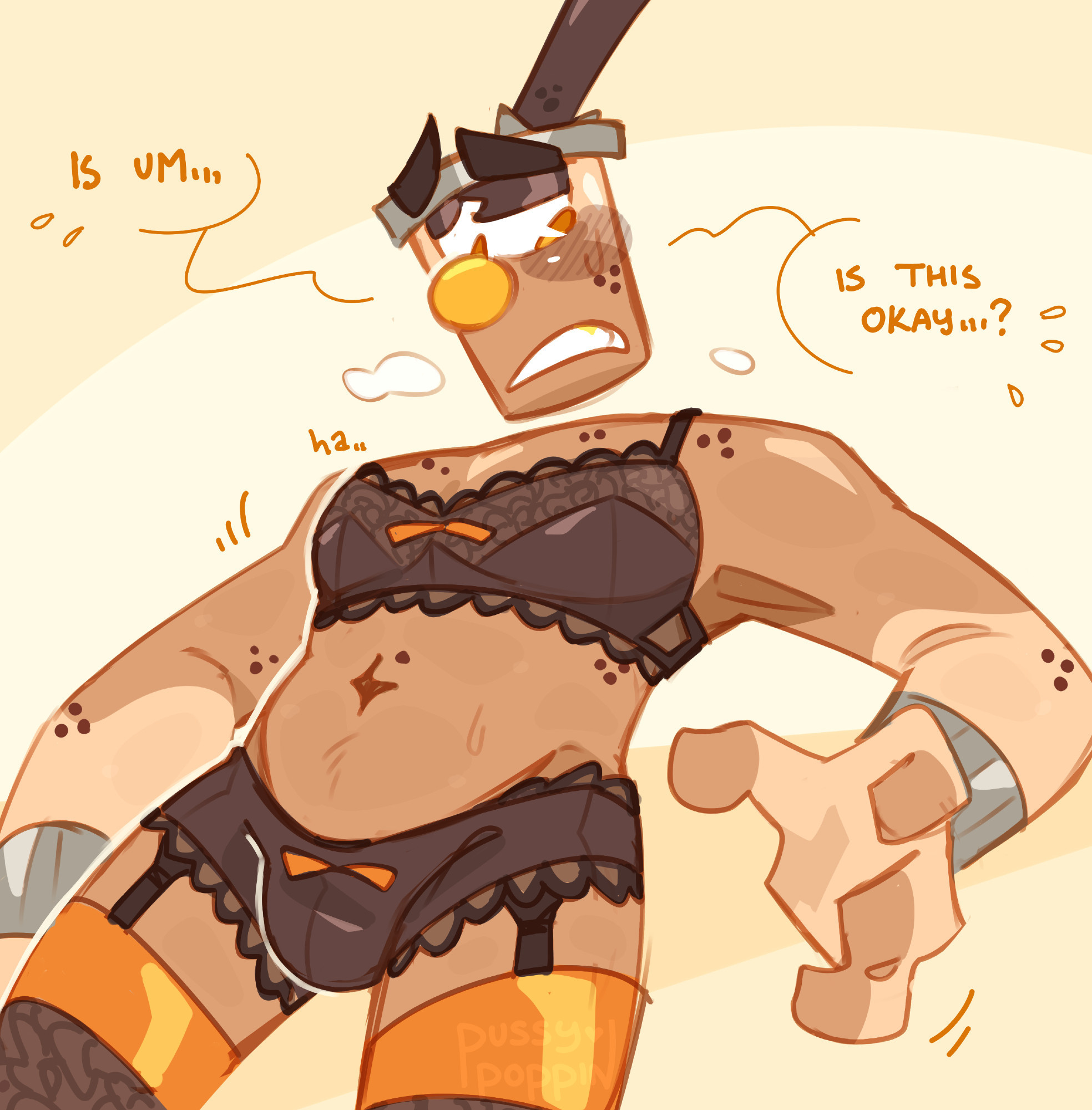 Digital art of Boba (OP's cupsona) drawn from a low angle, resting an elbow against a surface. They are dressed in a dark two-piece, lacy lingerie set, with matching stockings and garters. There are orange accents and bows on the lingerie. He waves his hand nervously, averting their eyes with a dark blush.

Boba: Is um... Is this okay...?