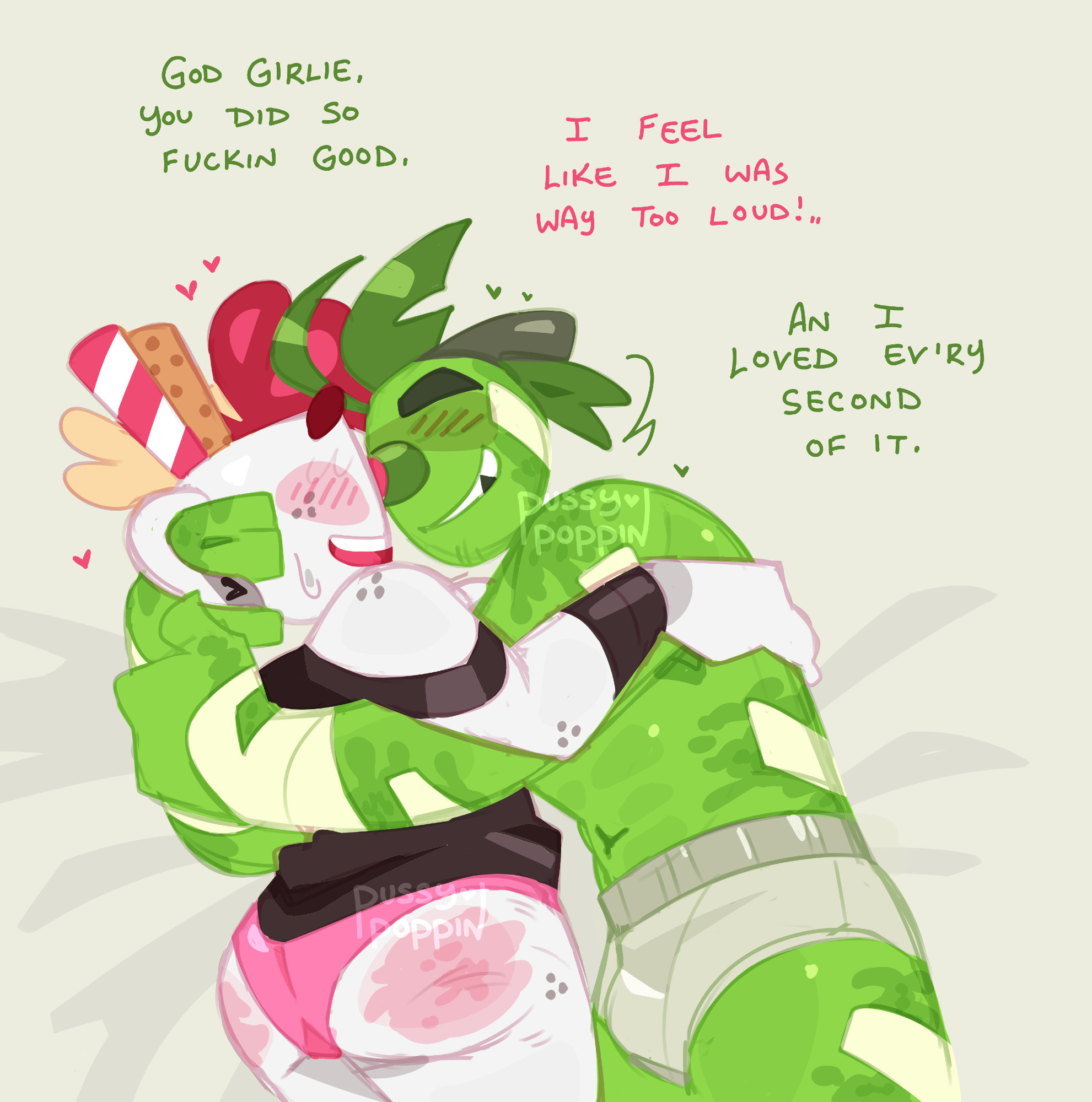 Digital artwork of Val (OP's cupsona, a cup toon with pink accents) and Smith (OP's oc, a green apple toon oc) drawn from the thighs up. They are laying down on a fabric surface, holding each other in an embrace. Val is dressed in a tank top and panties, her ass-cheeks bright pink and bruised (implying she was spanked earlier). Smith wears nothing but pale briefs, one of his hands at the back of Val's head, fingers threaded in their handle. Both their eyes are obscured by blush, and there are small hearts near both of their heads.

Smith: God, girlie, you did so fuckin' good.
Val: I feel like I was way too loud!..
Smith: An' I loved ev'ry second of it.