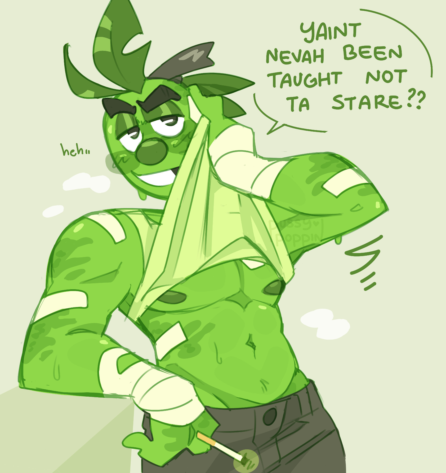 Digital art of Smith (a bruised green apple toon) from the waist up. He leans one arm elbow down against a counter surface, a lit cigarette dangling from between his fingers. He wears a brown pair of jeans that are resting low on his hips, and a dirty white tank-top that he uses to wipe sweat from the side of his face. His body is covered in wraps and bandages. He has a smug grin, looking towards the viewer.

Smith: Yaint nevah been taught not ta stare??