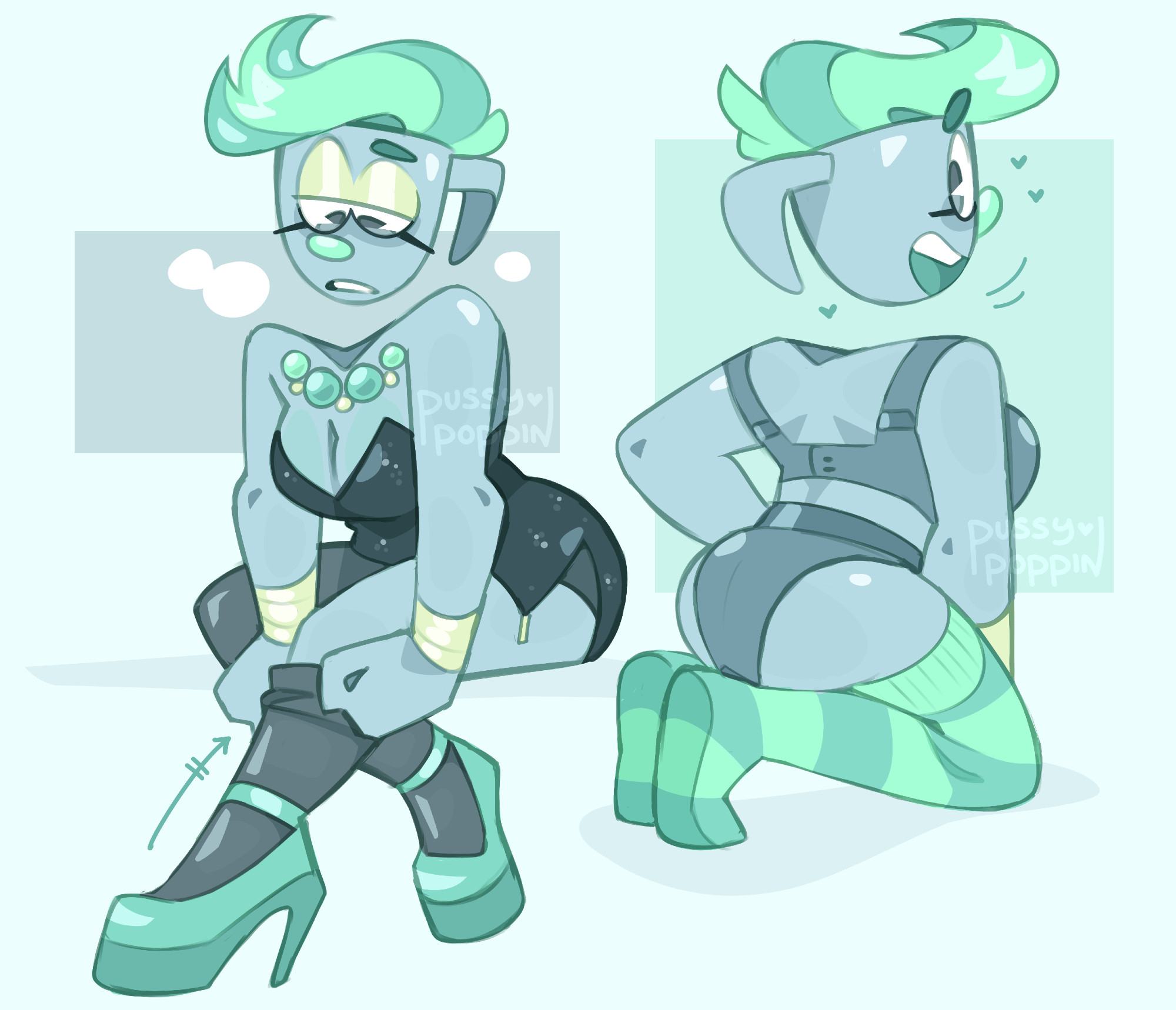 Digital artwork of Gelati (OP's cupsona), drawn twice.

On the left, she's dressed in a short, sparkly black dress. She wears teal high-heels, pale golden bracelets, and a chunky necklace with round gems. She wears matching pale gold eyeshadow. She sits and leans forward, pulling up dark nylon stockings over her knee, with a bored expression, seemingly out of breath.

On the right, she is facing away from the camera, wearing a matching set of gray blue bra and underwear. She wears mint, thigh-high striped socks, that match the color of her gelato "hair". She smiles brightly, and glances back towards the viewer, small hearts near her head.