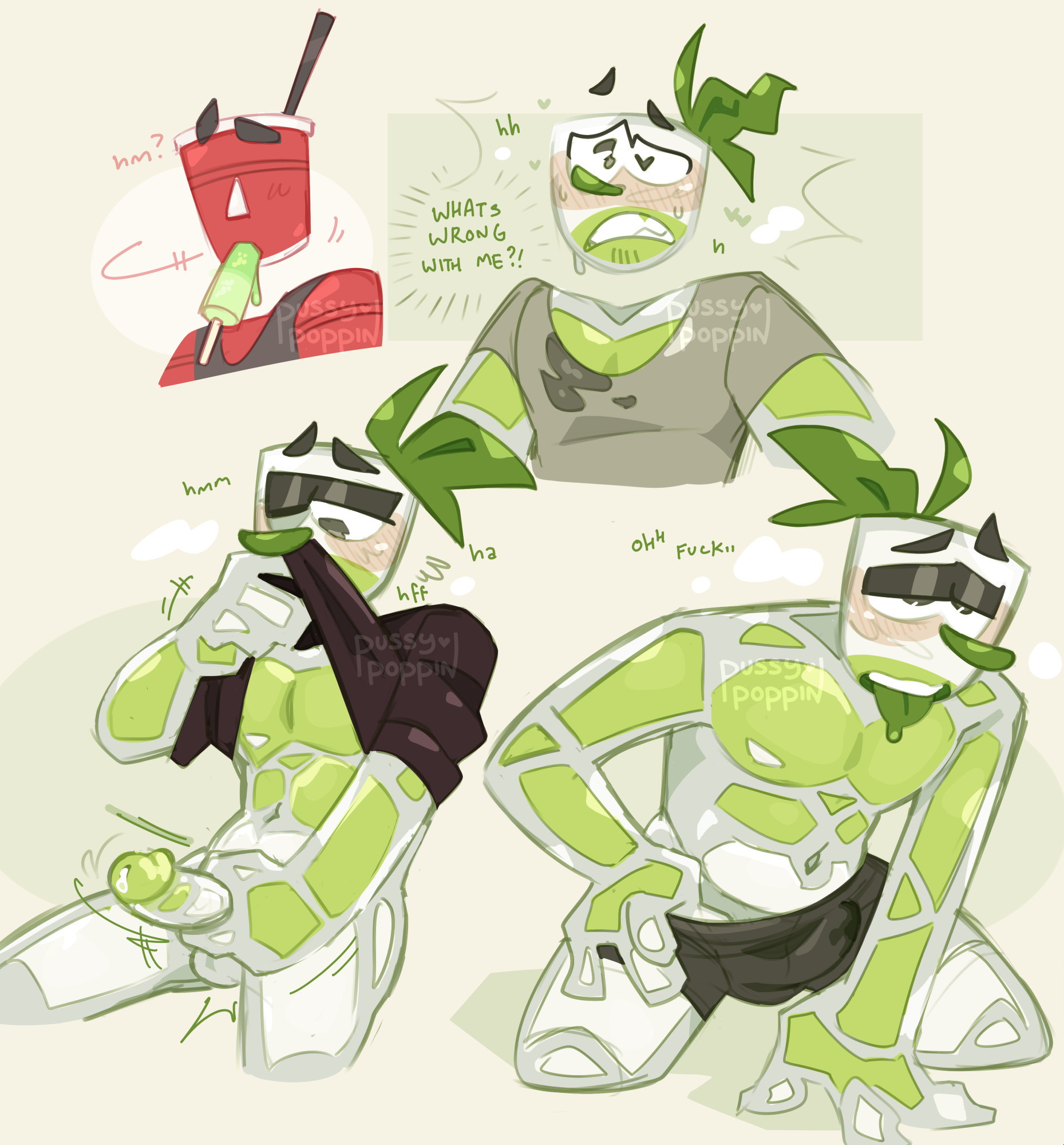 Digital artwork compilation of Mojito (OP's Cuphead oc). His body is made of glass with white and lime liquid inside, and there are mint leaves as garnish hanging from the top of his head. In all three artworks, Mojito is blushing and breathing heavily.