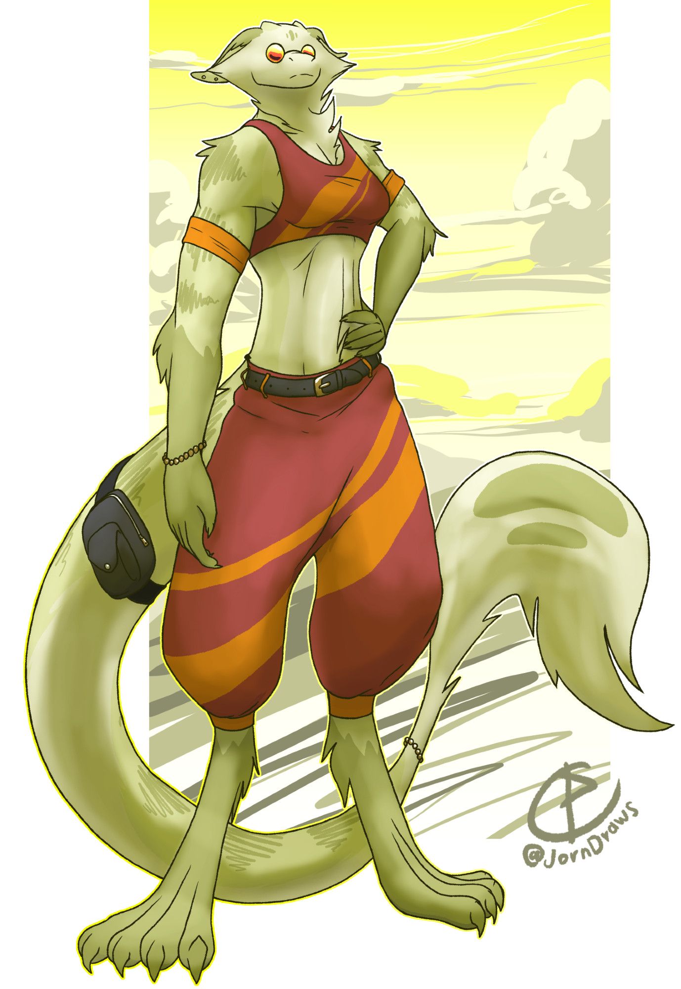 an anthro Dragon with her hand on her hip, with a sports bra and big baggy pants. She also has armbands on both arms and a little tail bag. She is wearing circular sunglasses. She has copper jewelry