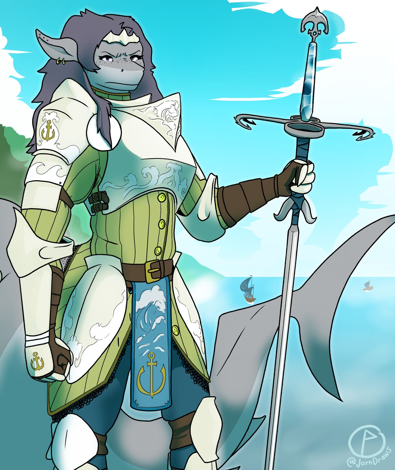 Sam, an anthro shark, in a white armor decorated with waves, and in a few places with a golden anchor. They are holding a greatsword with an anchor-shaped counterweight, and a fishhook-shaped crossguard. With a handle made out of larimar stone. They are standing on a coast, with a small fleet of ships on the sea, that have sails adorned with anchors and waves