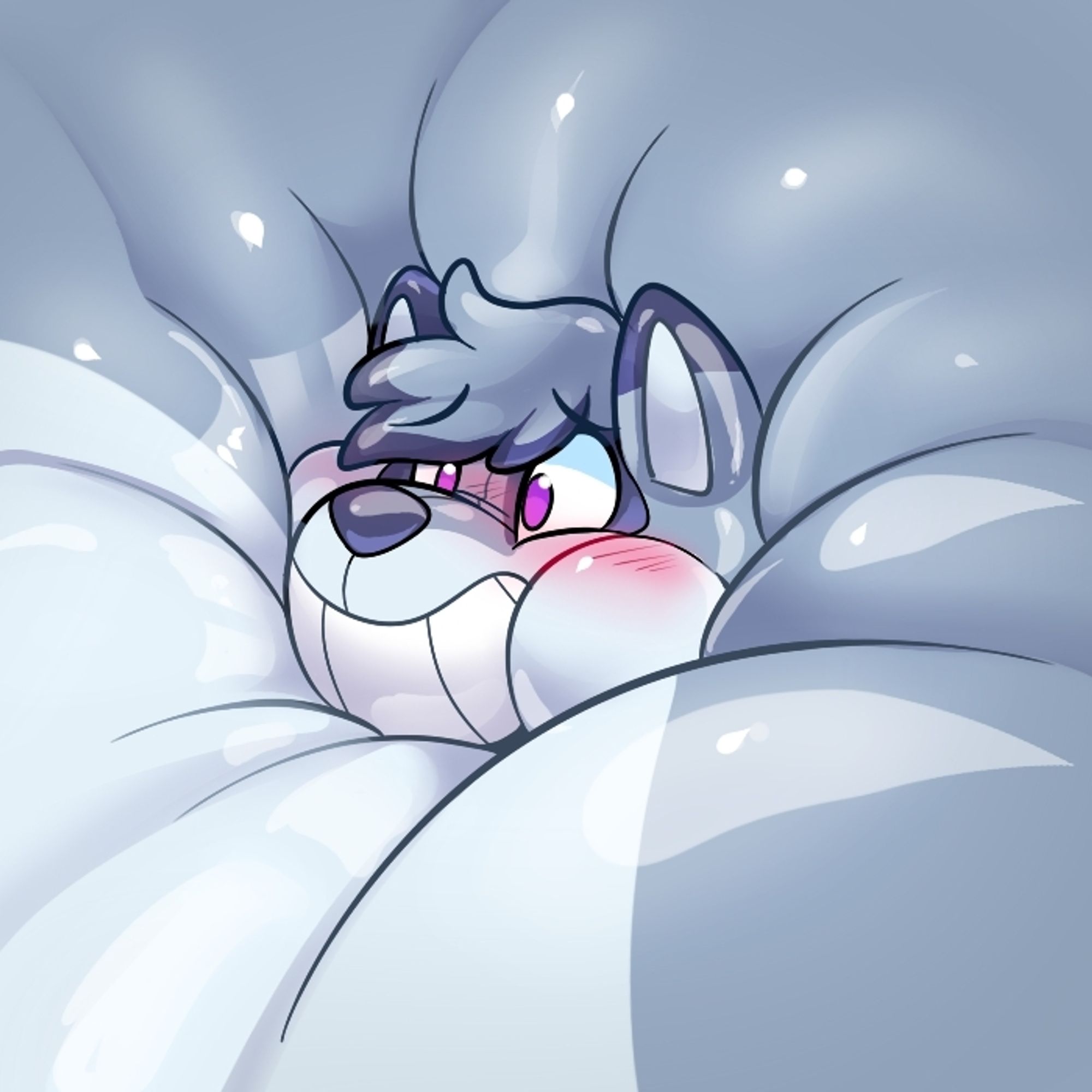 Chaotic the raccoon pooltoy, very inflated like a balloon. Head is sinking into his puffy hide, blushing anxiously with a pooltoy grin.