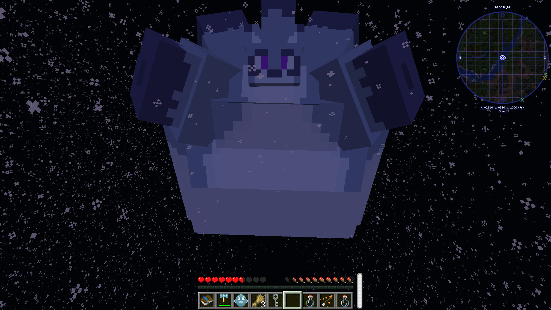 Chaotic the Raccoon in minecraft, inflated as a blimp in the air at night, snow falling around