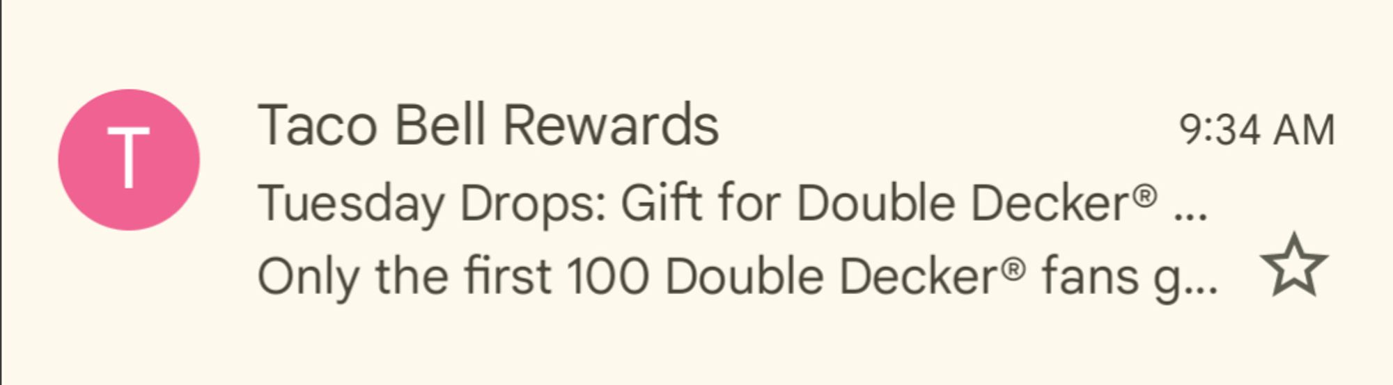 Screnshot of an email inbox, "Taco Bell Rewards"