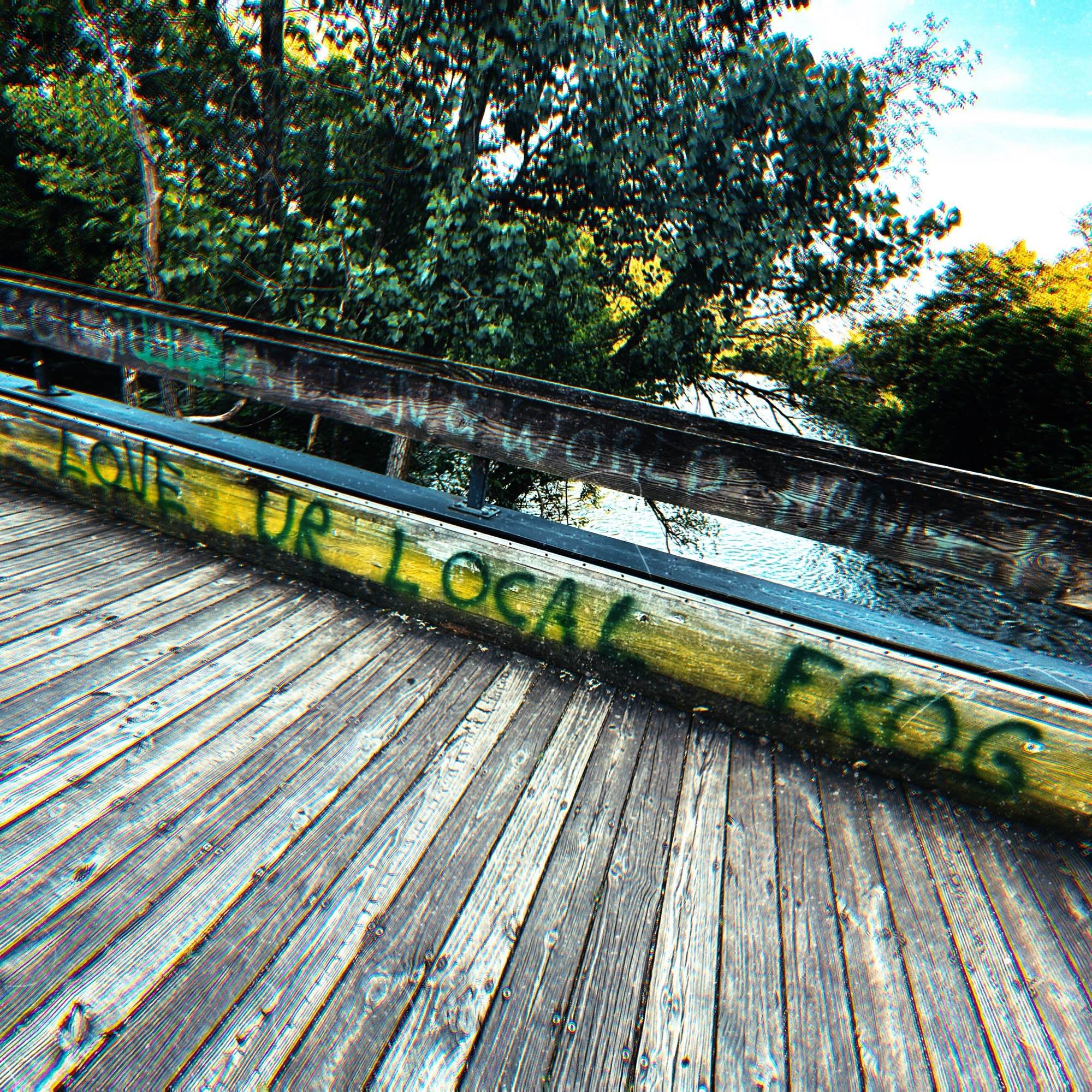 a wooden bridge with graffiti on the lower lever that reads love ur local frog