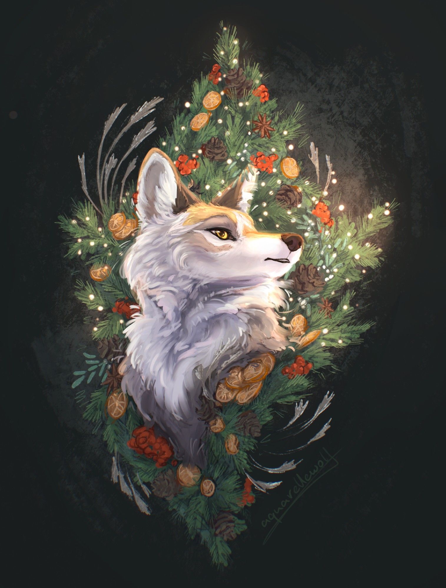 A headshot portrait of a coyote, framed by branches, berries, and tangerines. Celebration of the Winter Solstice. Illustration by AquarelleWolf