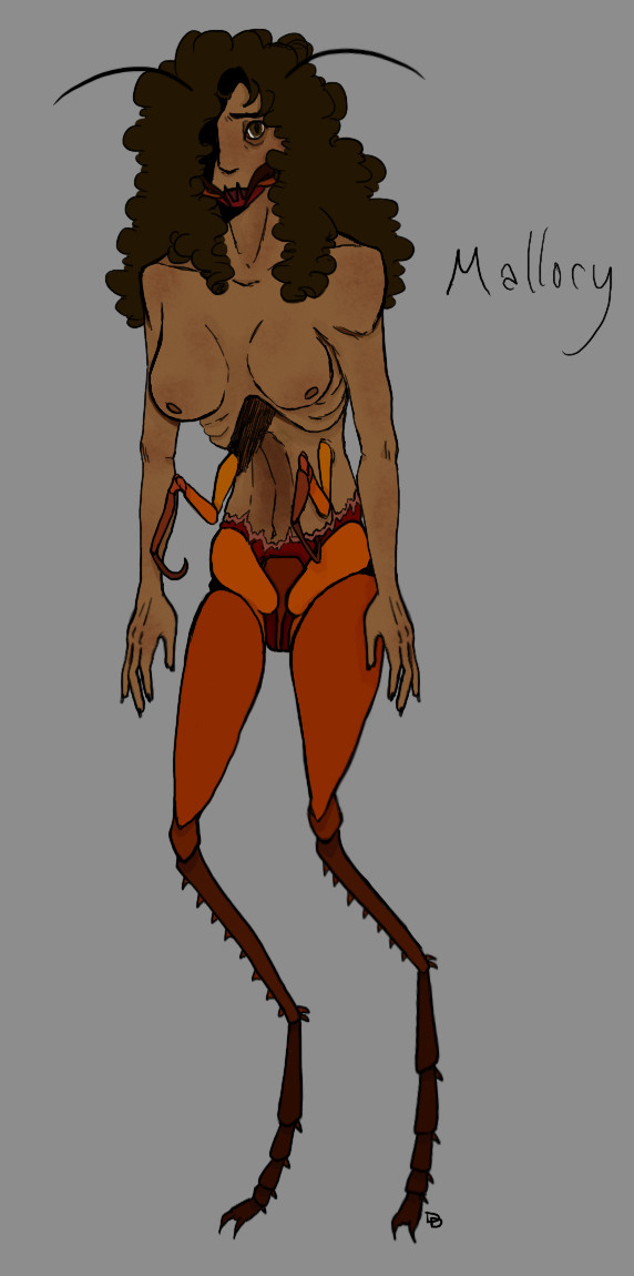 a nude young adult woman with olive-skin and brown hair. she is notably skinny, with insectoid mouthparts and legs, as well as a pair of small mantis-like arms sprouting from her abdomen.