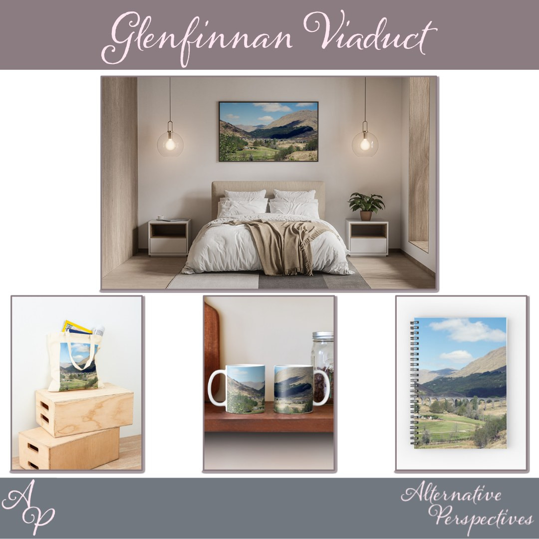 A photo of the Glenfinnan Viaduct on the following products: wall art, cotton tote bag, mugs, and a spiral notebook